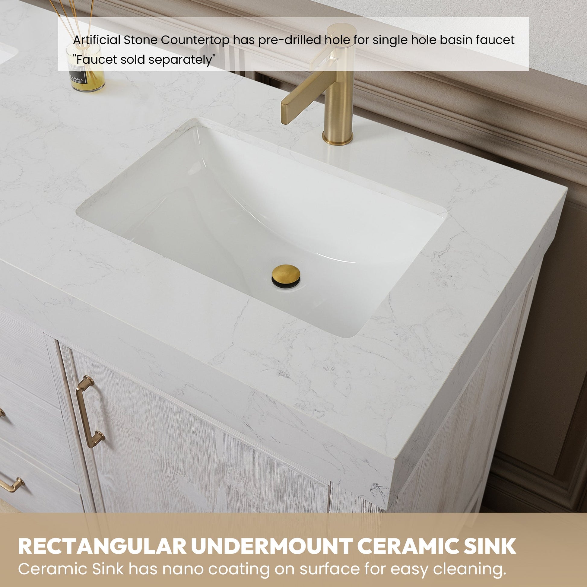 León 48in. Free-standing Single Bathroom Vanity in Washed White with Composite top in Lightning White