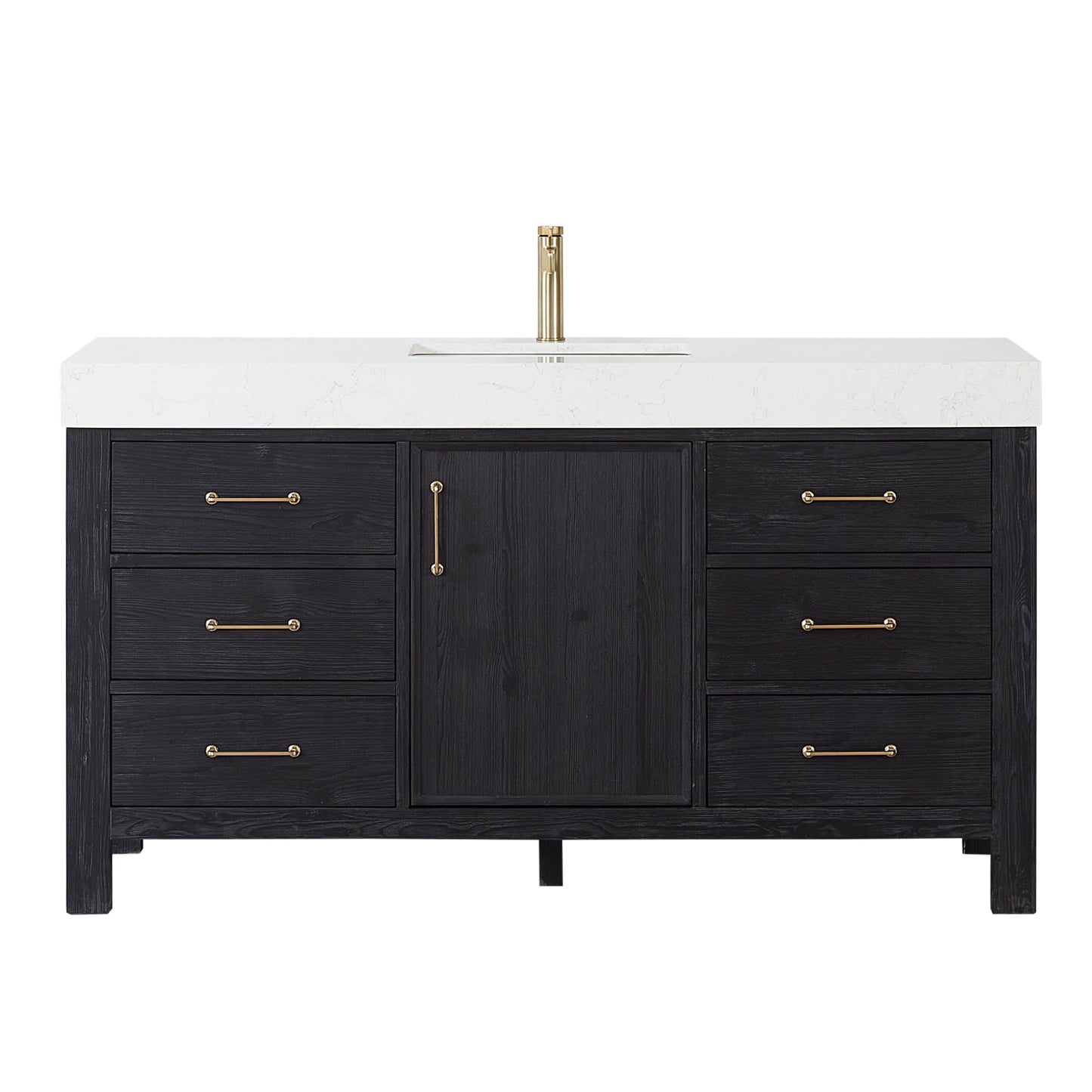 León 60in. Free-standing Single Bathroom Vanity in Fir Wood Black with Composite top in Lightning White