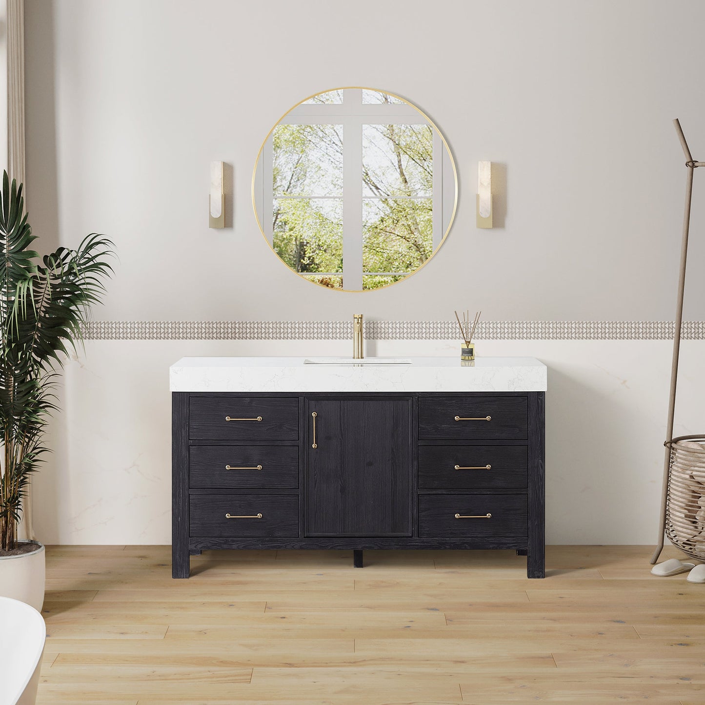 León 60in. Free-standing Single Bathroom Vanity in Fir Wood Black with Composite top in Lightning White