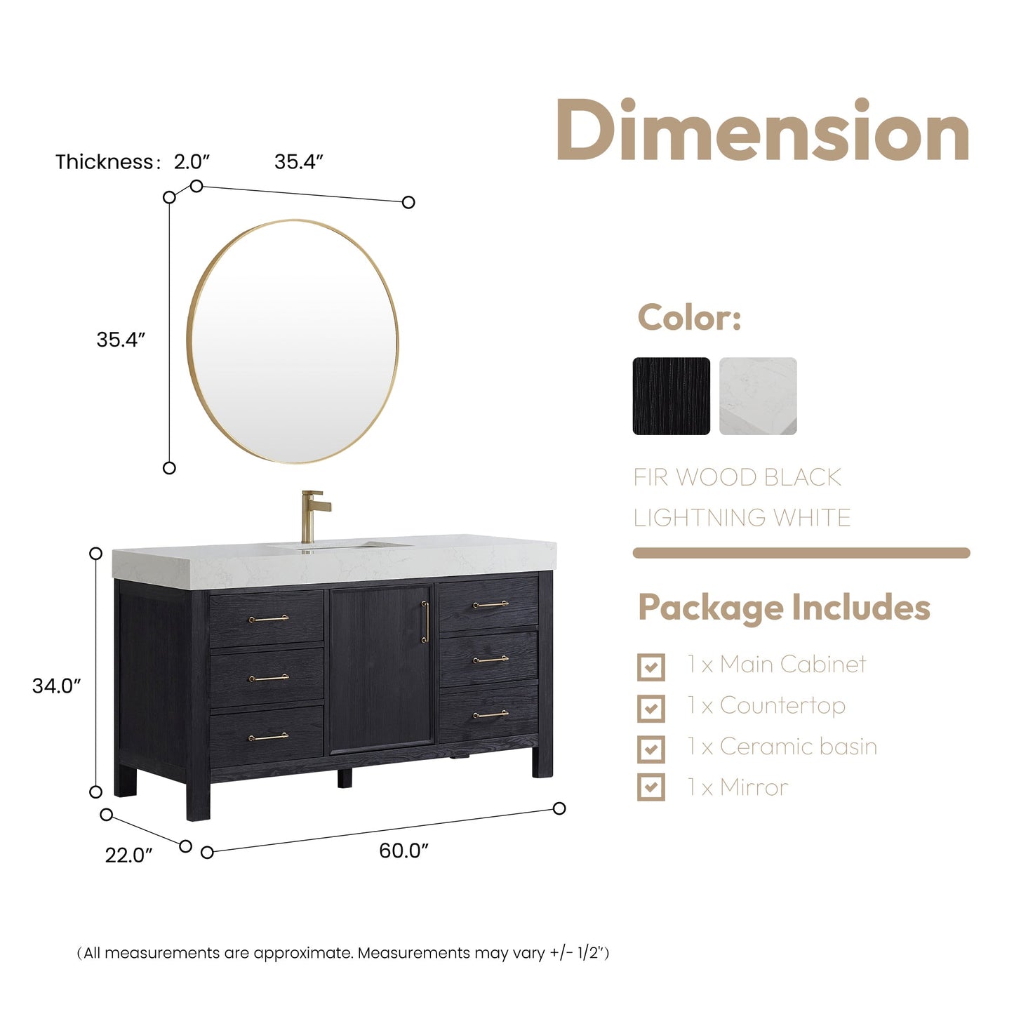 León 60in. Free-standing Single Bathroom Vanity in Fir Wood Black with Composite top in Lightning White