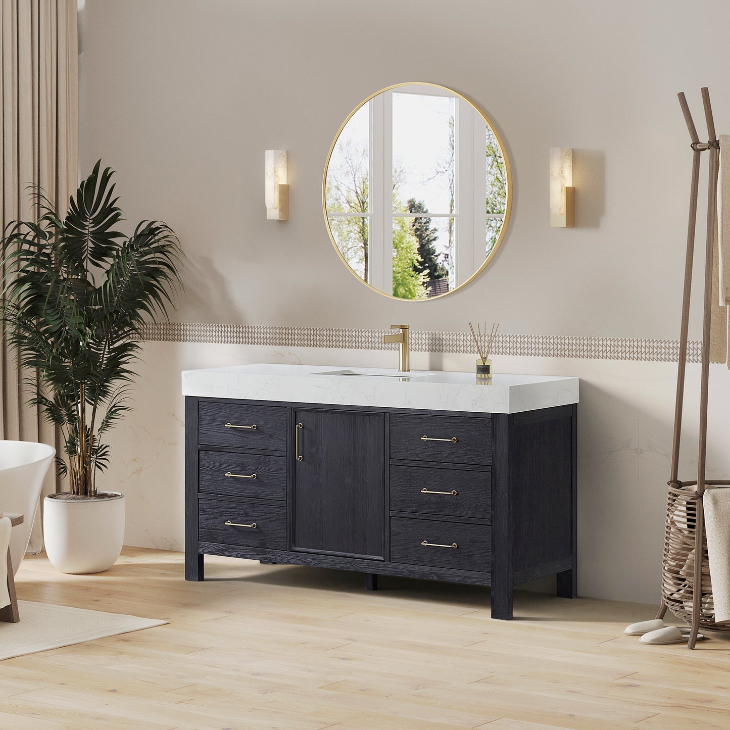 León 60in. Free-standing Single Bathroom Vanity in Fir Wood Black with Composite top in Lightning White