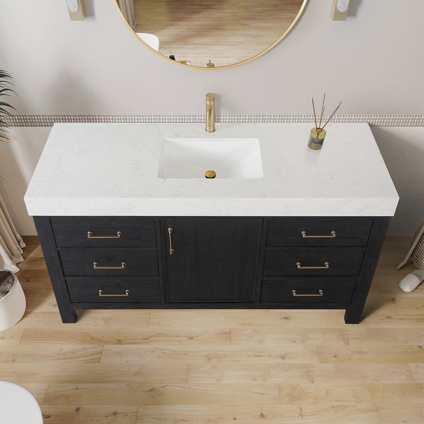 León 60in. Free-standing Single Bathroom Vanity in Fir Wood Black with Composite top in Lightning White