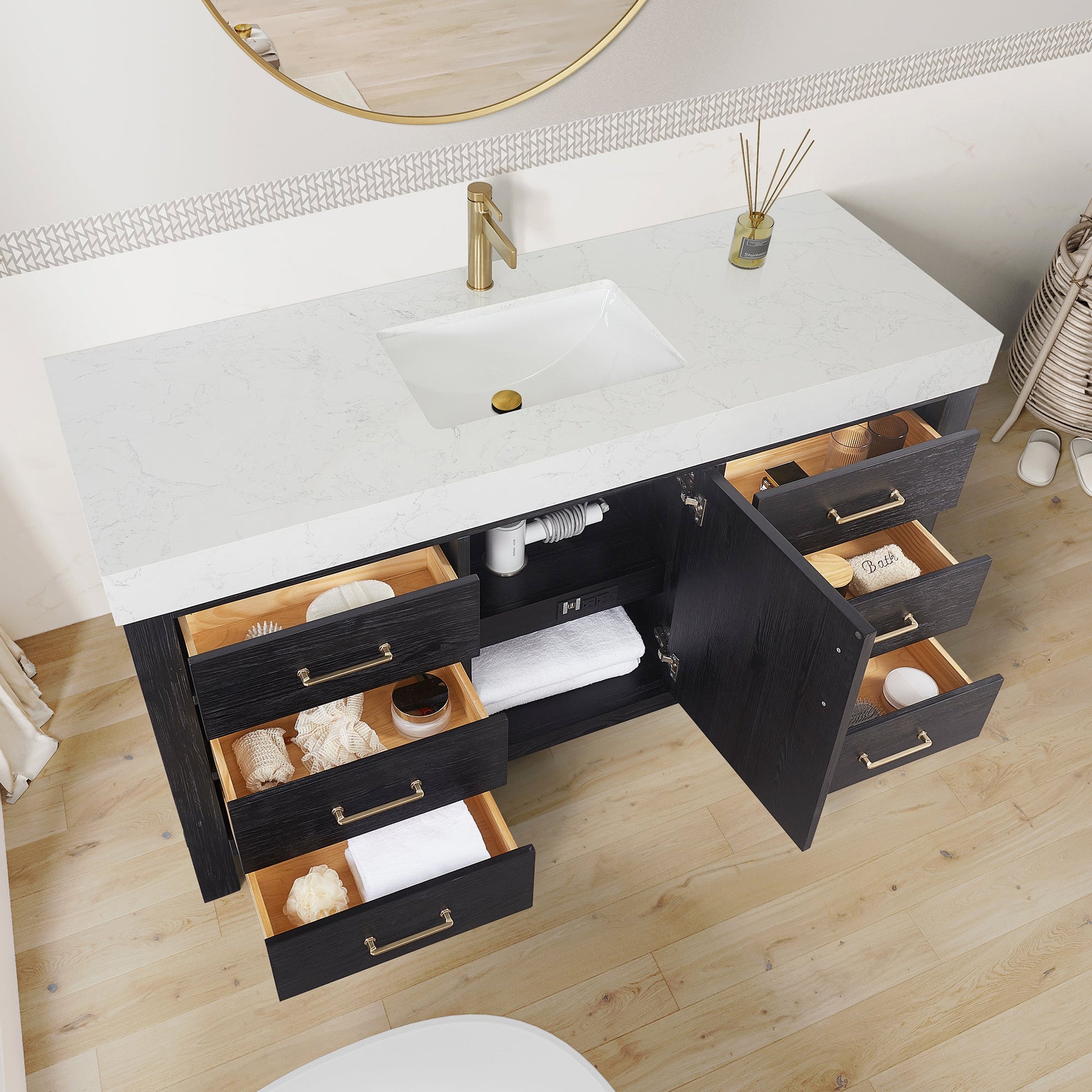 León 60in. Free-standing Single Bathroom Vanity in Fir Wood Black with Composite top in Lightning White