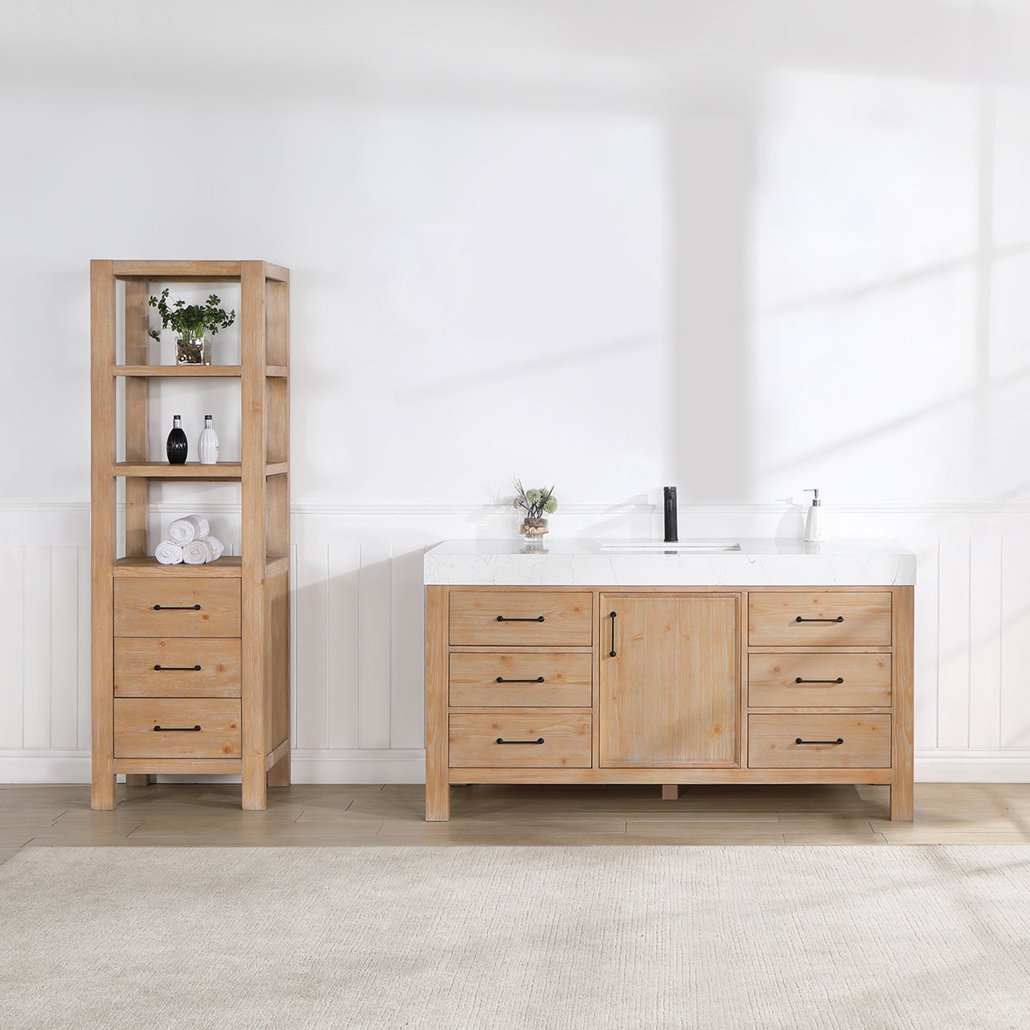 León 60in. Free-standing Single Bathroom Vanity in Fir Wood Brown with Composite top in Lightning White