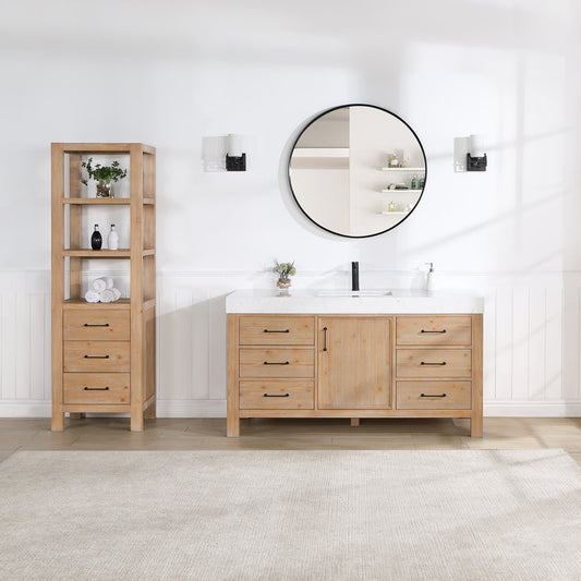 León 60in. Free-standing Single Bathroom Vanity in Fir Wood Brown with Composite top in Lightning White