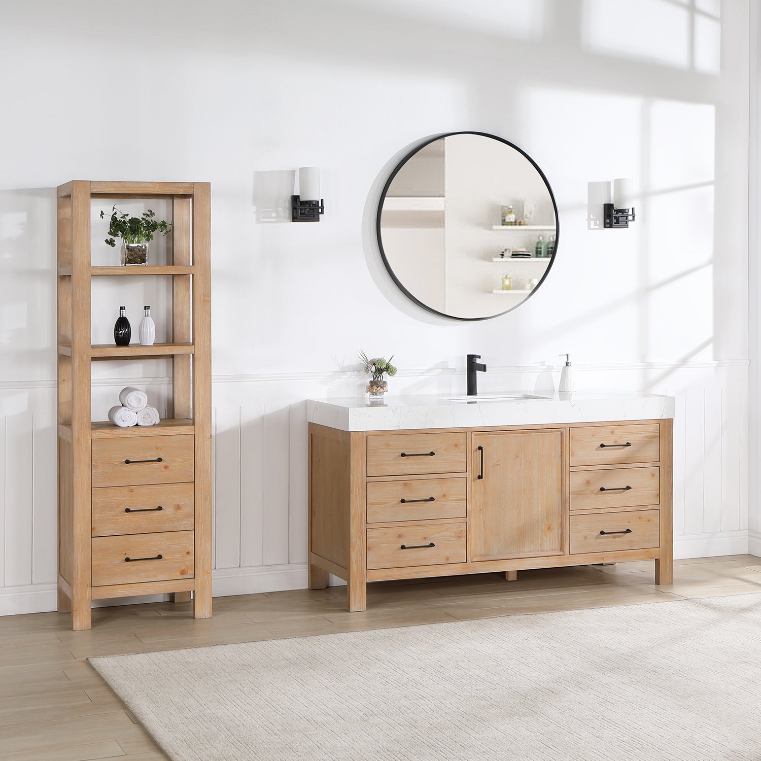 León 60in. Free-standing Single Bathroom Vanity in Fir Wood Brown with Composite top in Lightning White