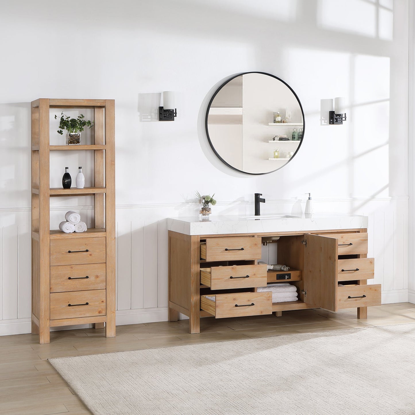 León 60in. Free-standing Single Bathroom Vanity in Fir Wood Brown with Composite top in Lightning White