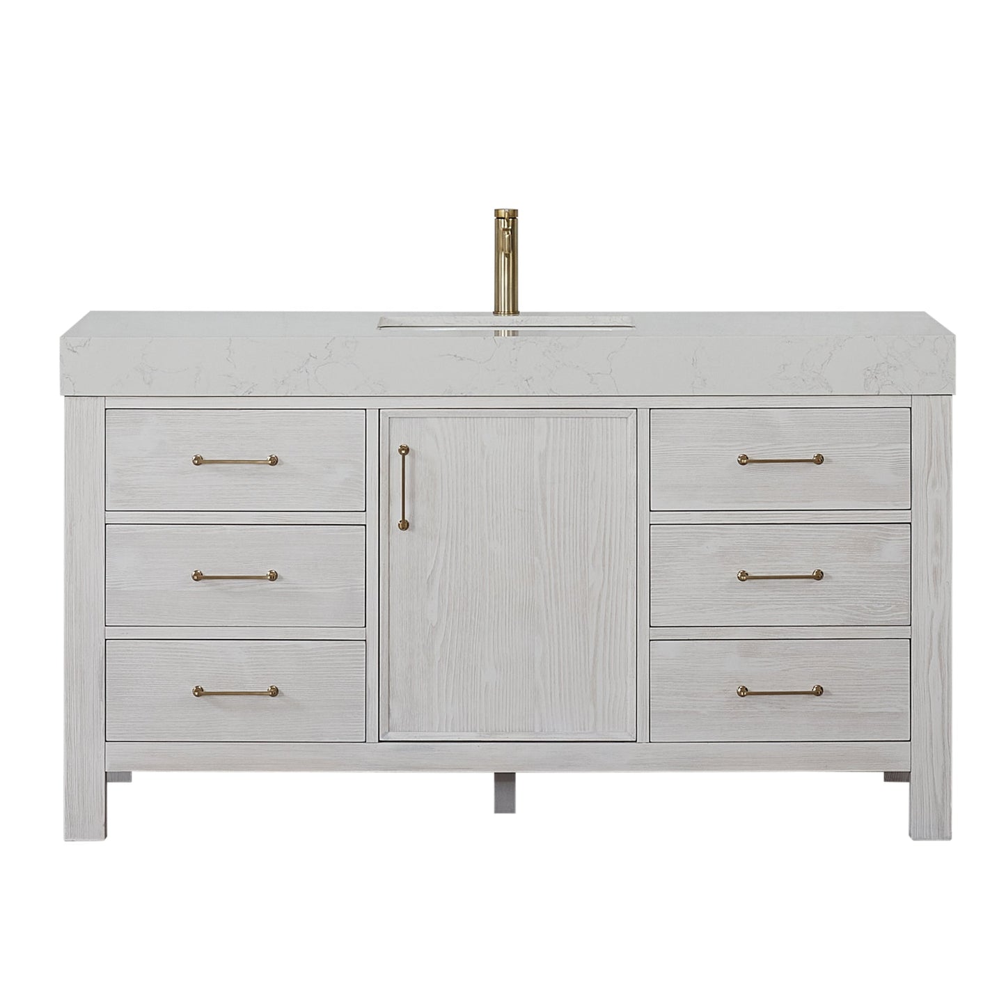 León 60in. Free-standing Single Bathroom Vanity in Washed White with Composite top in Lightning White