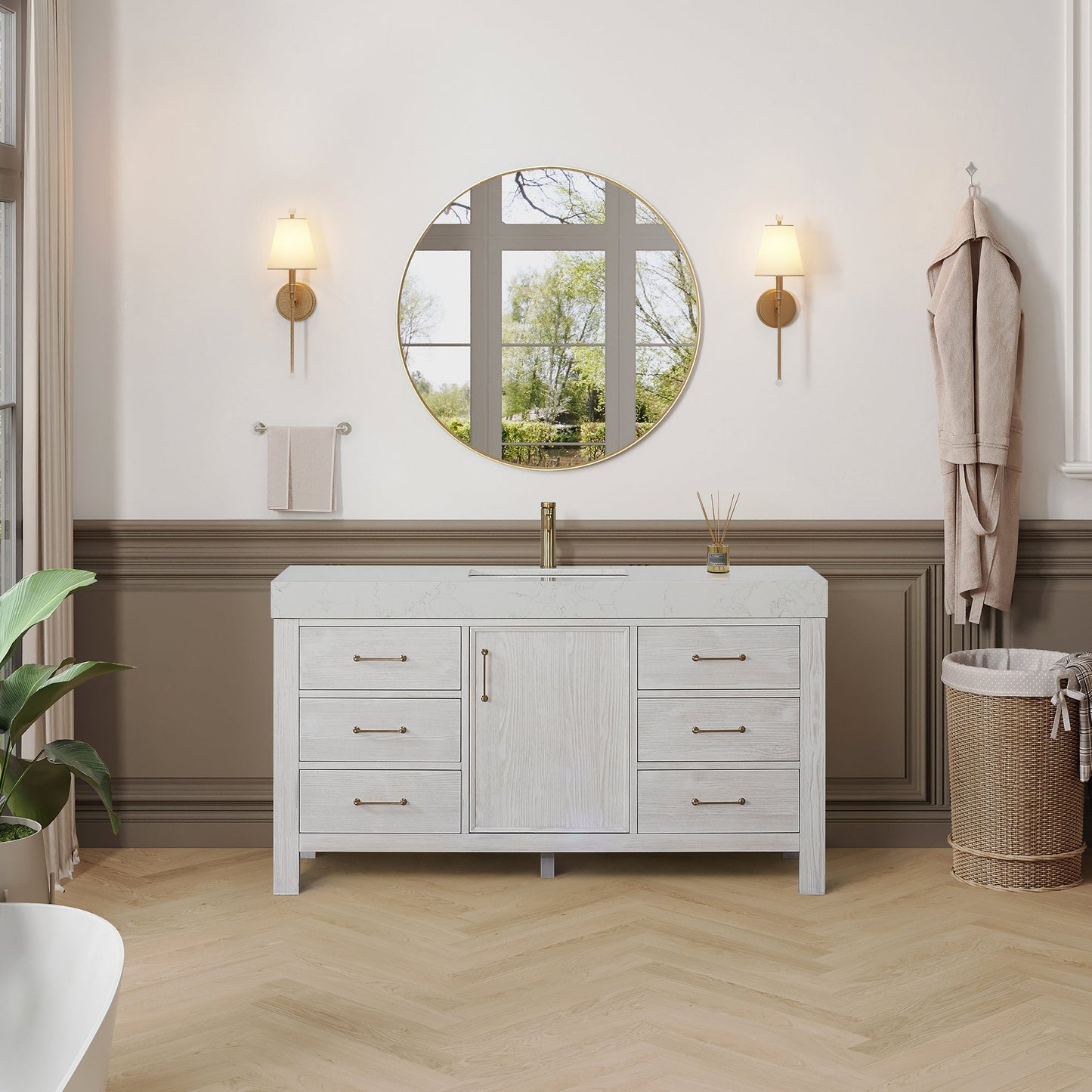 León 60in. Free-standing Single Bathroom Vanity in Washed White with Composite top in Lightning White