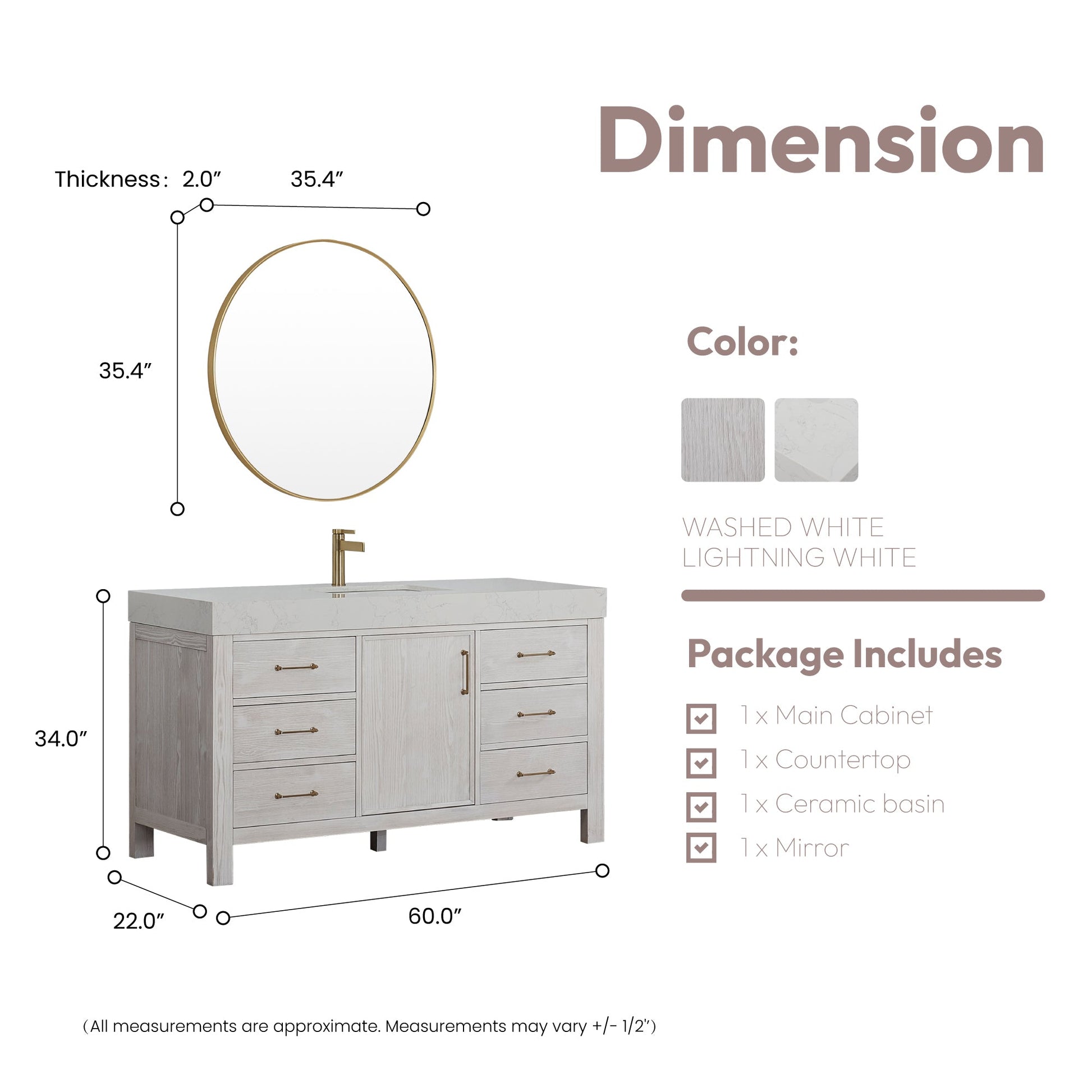 León 60in. Free-standing Single Bathroom Vanity in Washed White with Composite top in Lightning White