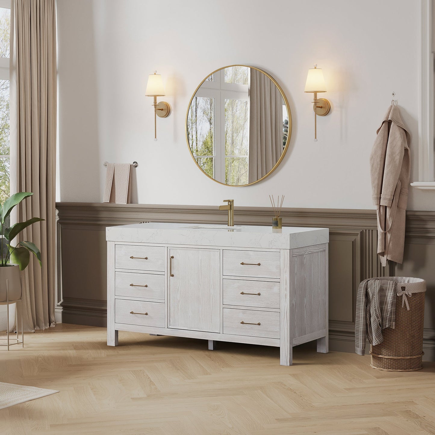 León 60in. Free-standing Single Bathroom Vanity in Washed White with Composite top in Lightning White