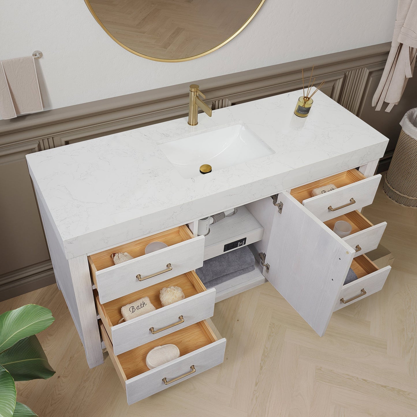 León 60in. Free-standing Single Bathroom Vanity in Washed White with Composite top in Lightning White