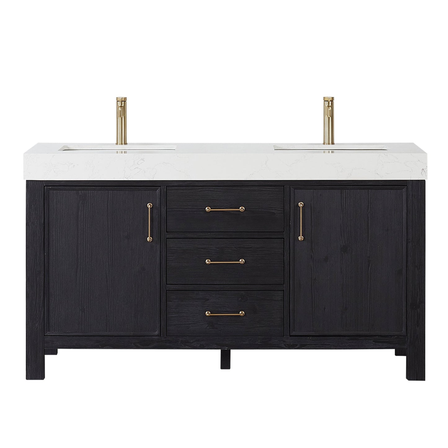 León 60in. Free-standing Double Bathroom Vanity in Fir Wood Black with Composite top in Lightning White