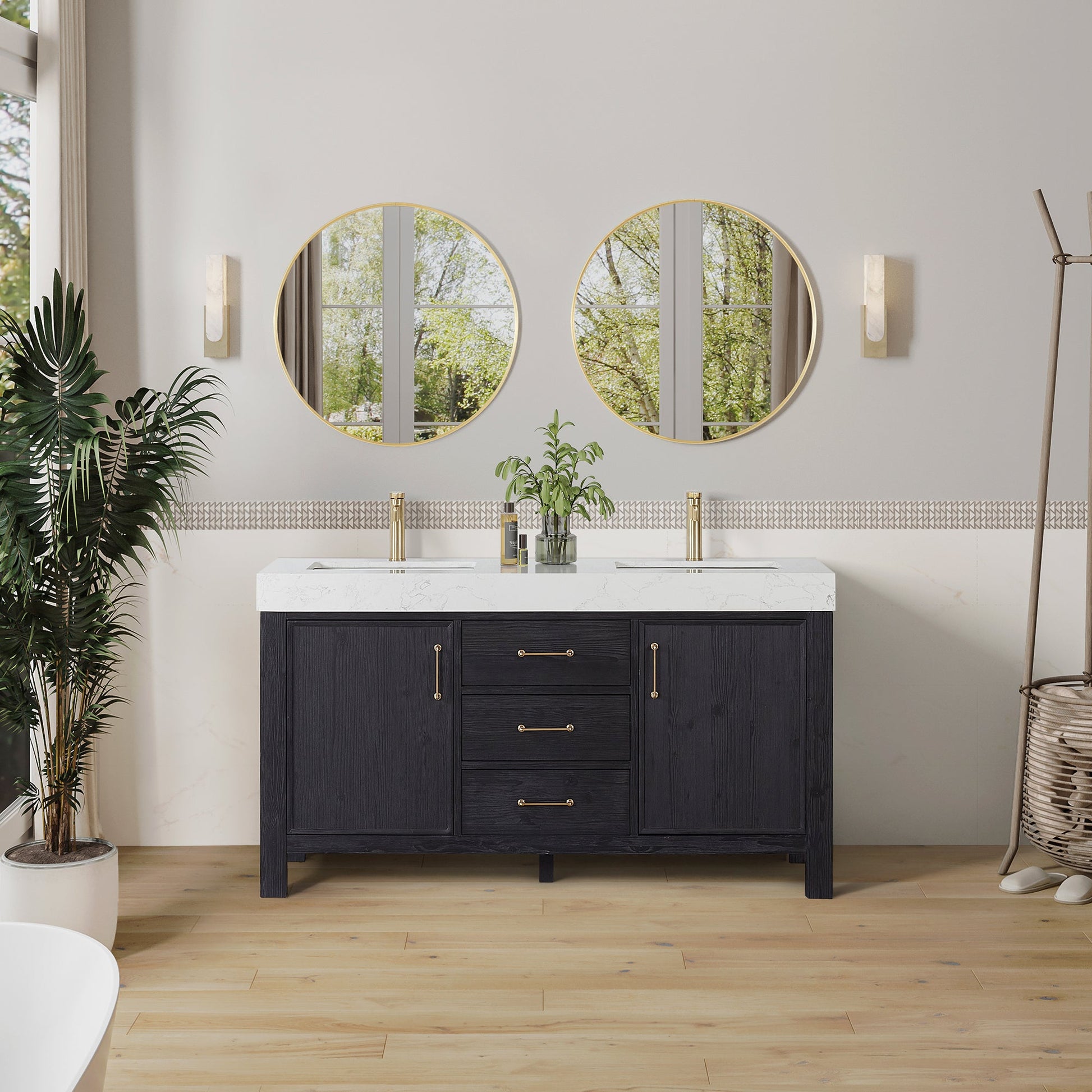 León 60in. Free-standing Double Bathroom Vanity in Fir Wood Black with Composite top in Lightning White