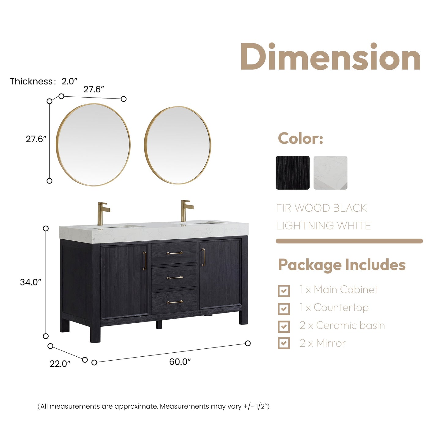 León 60in. Free-standing Double Bathroom Vanity in Fir Wood Black with Composite top in Lightning White