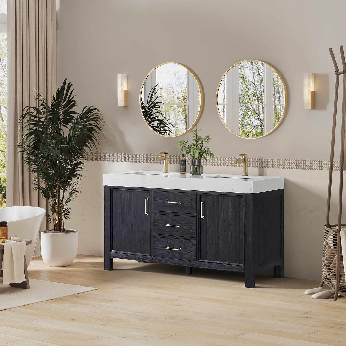 León 60in. Free-standing Double Bathroom Vanity in Fir Wood Black with Composite top in Lightning White