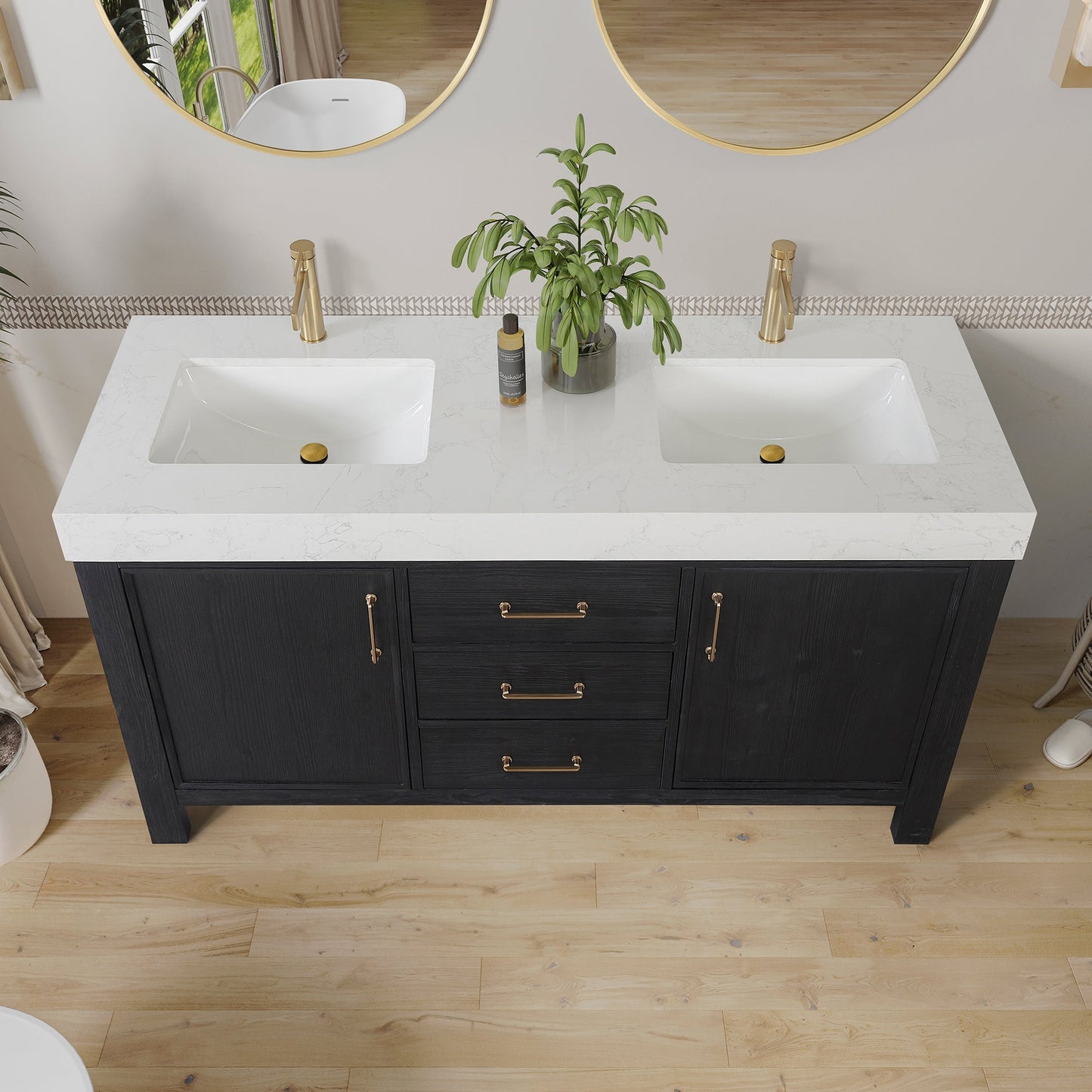 León 60in. Free-standing Double Bathroom Vanity in Fir Wood Black with Composite top in Lightning White