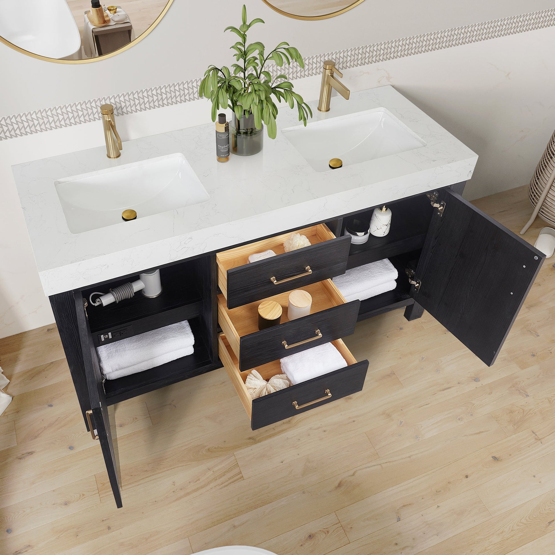 León 60in. Free-standing Double Bathroom Vanity in Fir Wood Black with Composite top in Lightning White