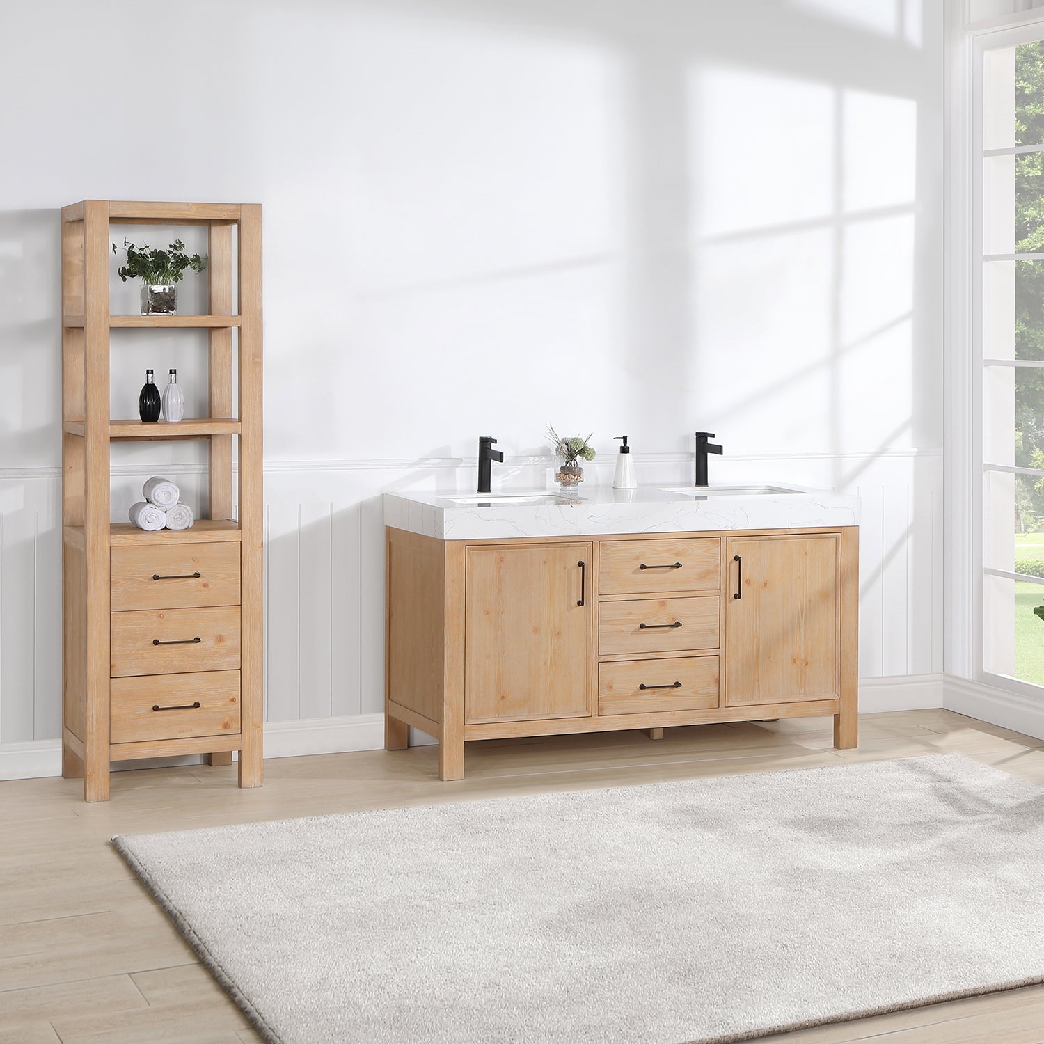 León 60in. Free-standing Double Bathroom Vanity in Fir Wood Brown with Composite top in Lightning White
