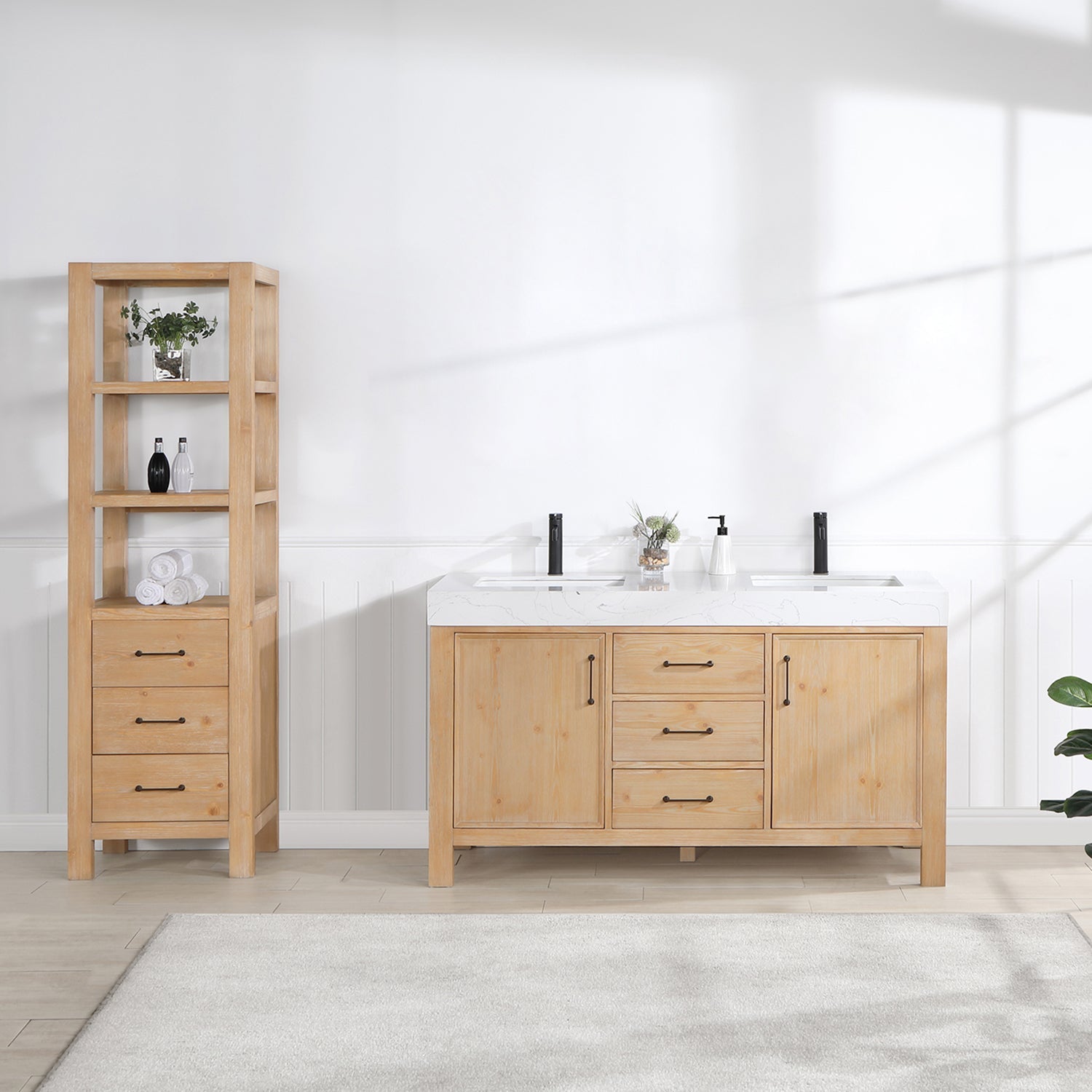 León 60in. Free-standing Double Bathroom Vanity in Fir Wood Brown with Composite top in Lightning White