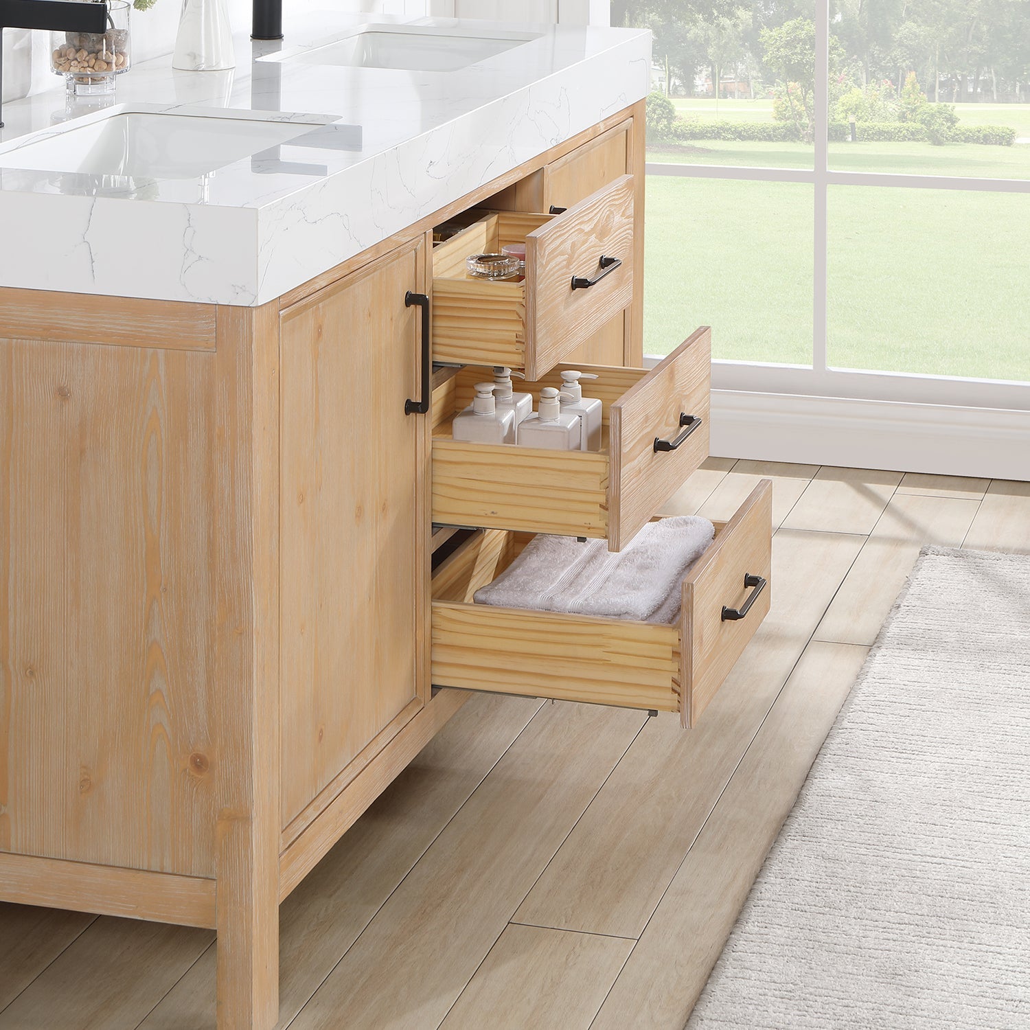 León 60in. Free-standing Double Bathroom Vanity in Fir Wood Brown with Composite top in Lightning White