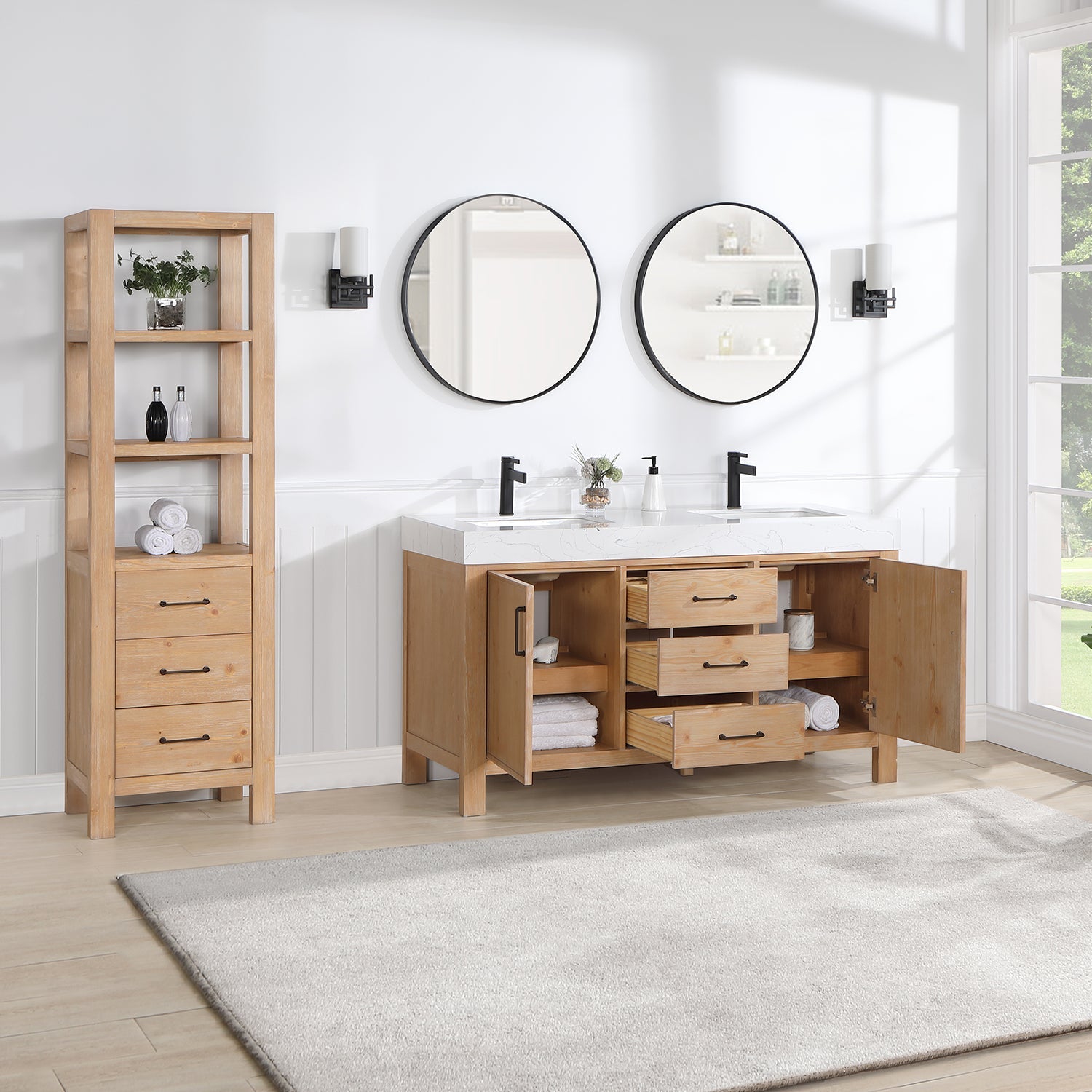 León 60in. Free-standing Double Bathroom Vanity in Fir Wood Brown with Composite top in Lightning White