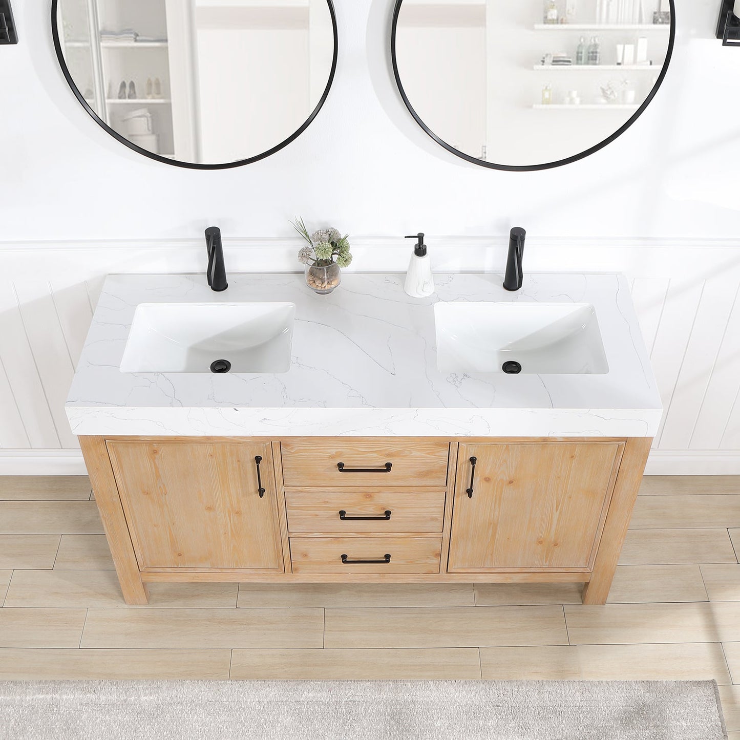León 60in. Free-standing Double Bathroom Vanity in Fir Wood Brown with Composite top in Lightning White