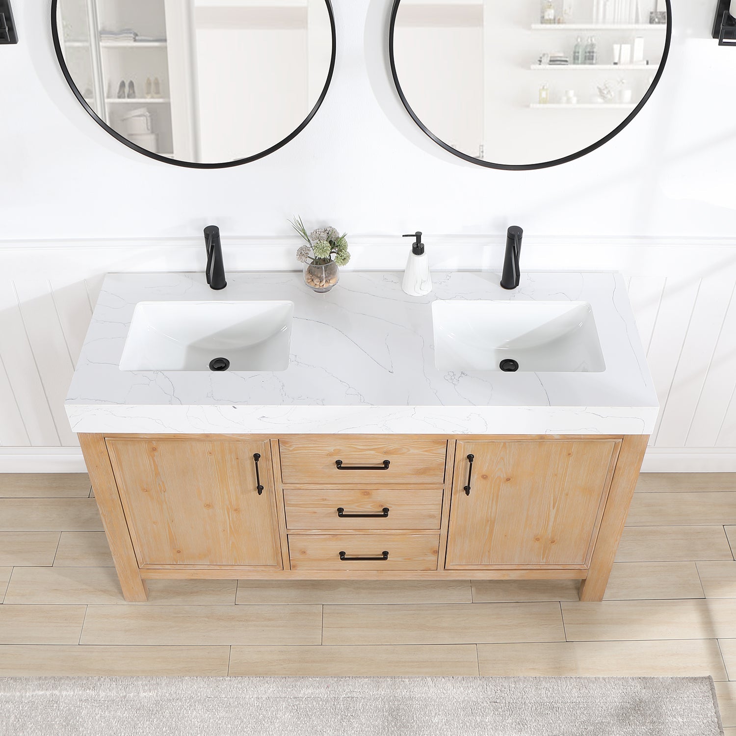 León 60in. Free-standing Double Bathroom Vanity in Fir Wood Brown with Composite top in Lightning White