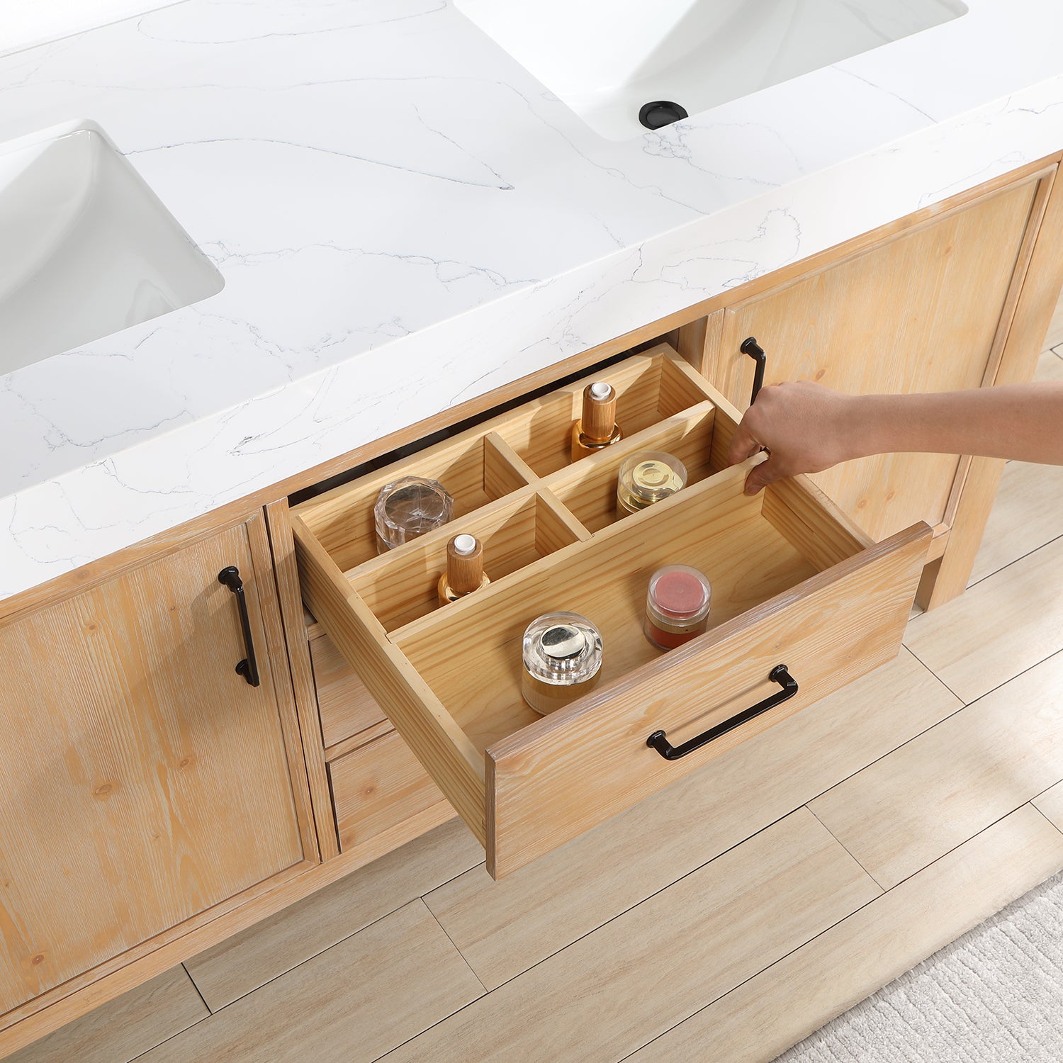 León 60in. Free-standing Double Bathroom Vanity in Fir Wood Brown with Composite top in Lightning White