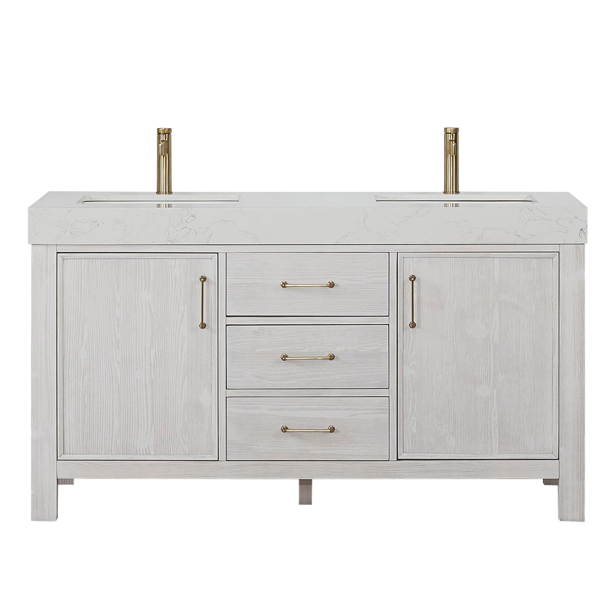 León 60in. Free-standing Double Bathroom Vanity in Washed White with Composite top in Lightning White