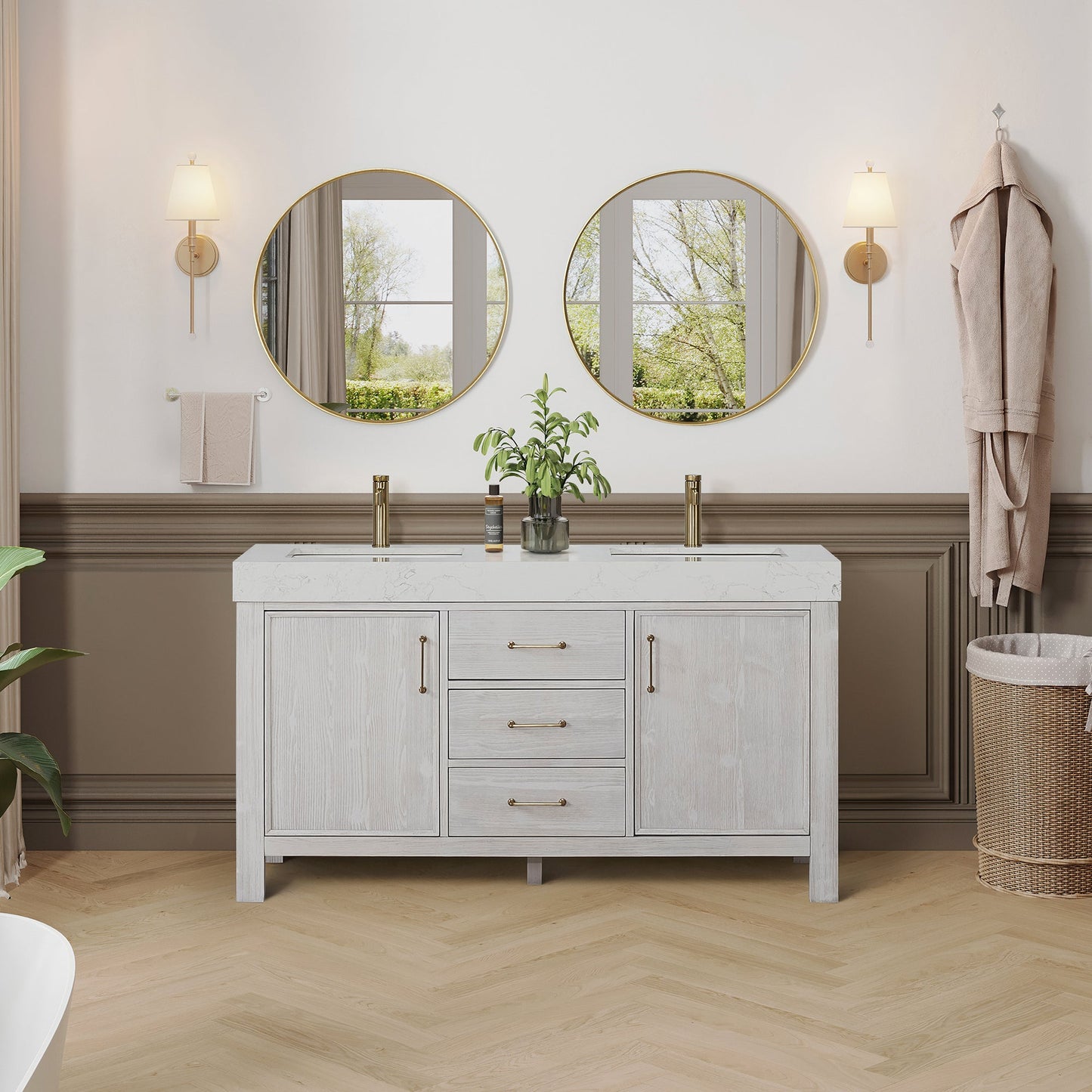 León 60in. Free-standing Double Bathroom Vanity in Washed White with Composite top in Lightning White