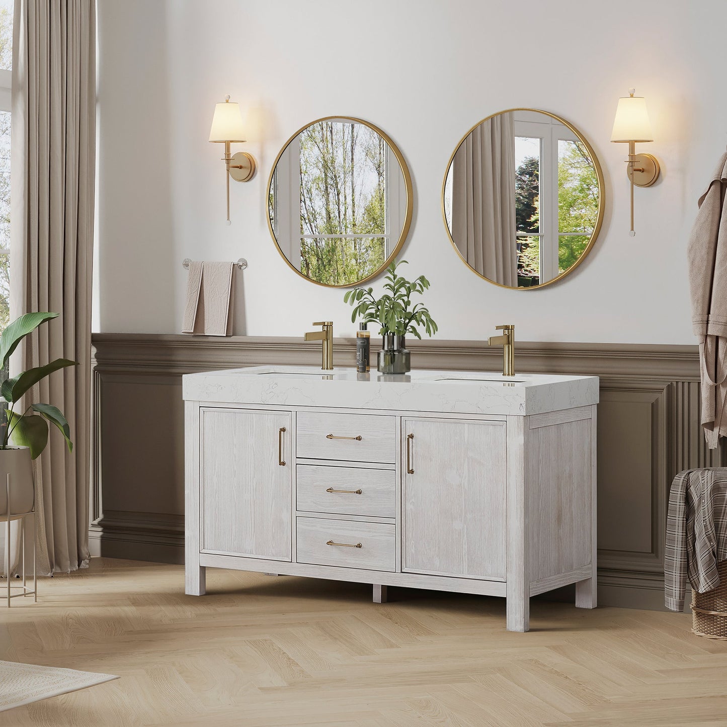 León 60in. Free-standing Double Bathroom Vanity in Washed White with Composite top in Lightning White