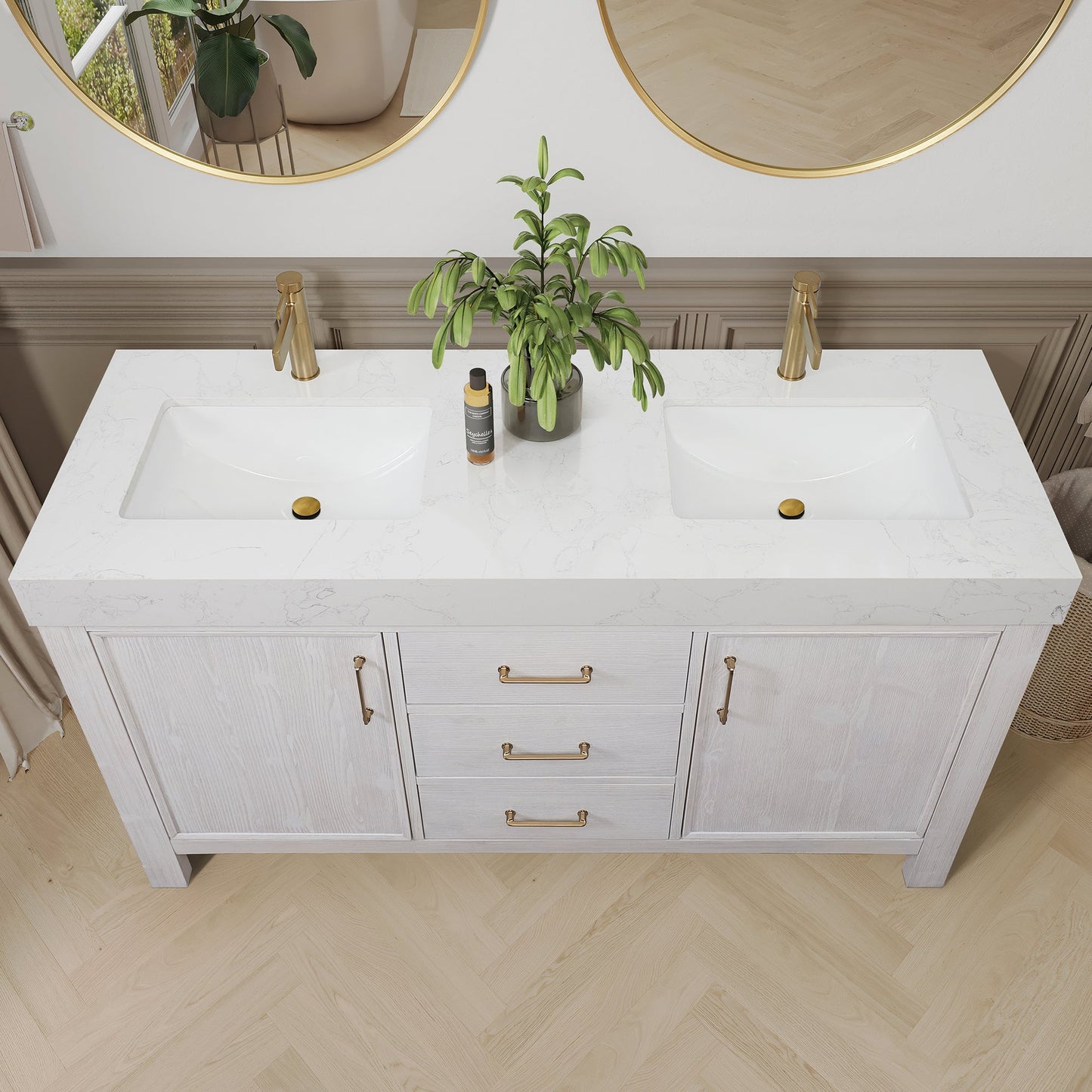 León 60in. Free-standing Double Bathroom Vanity in Washed White with Composite top in Lightning White