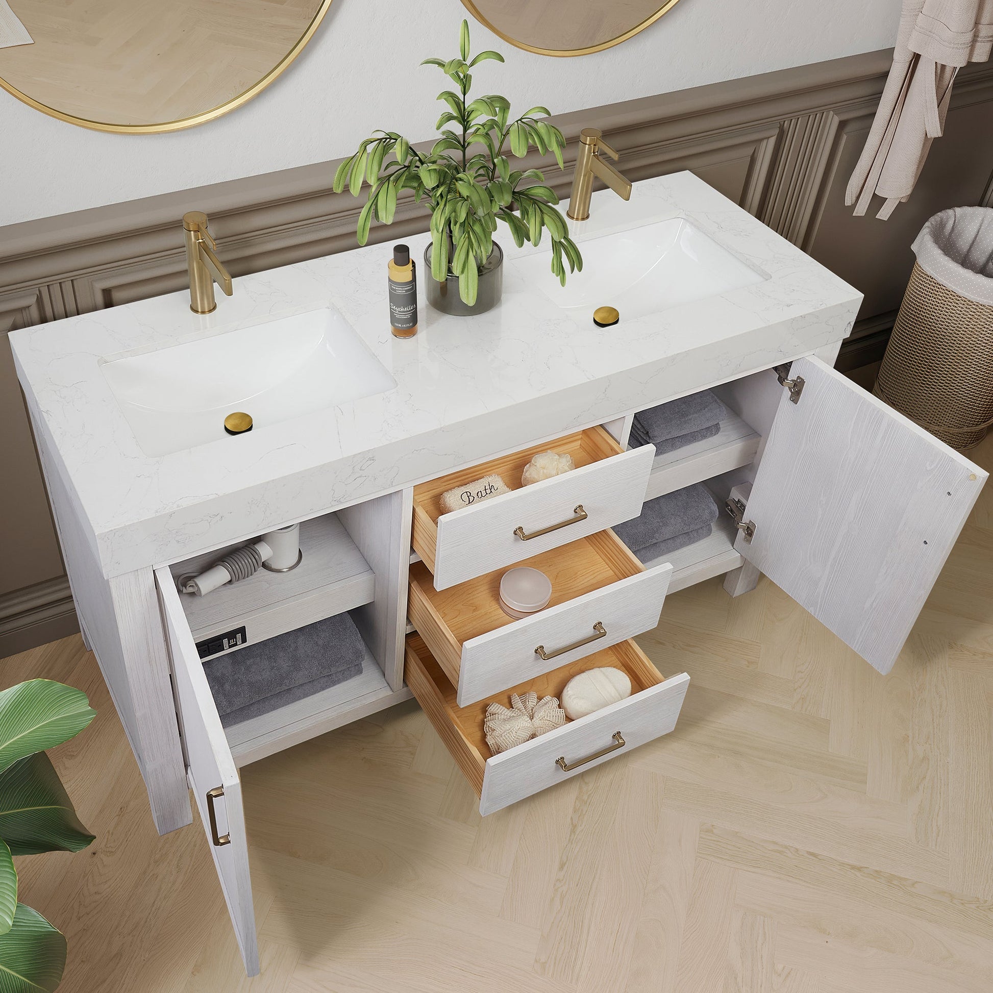 León 60in. Free-standing Double Bathroom Vanity in Washed White with Composite top in Lightning White