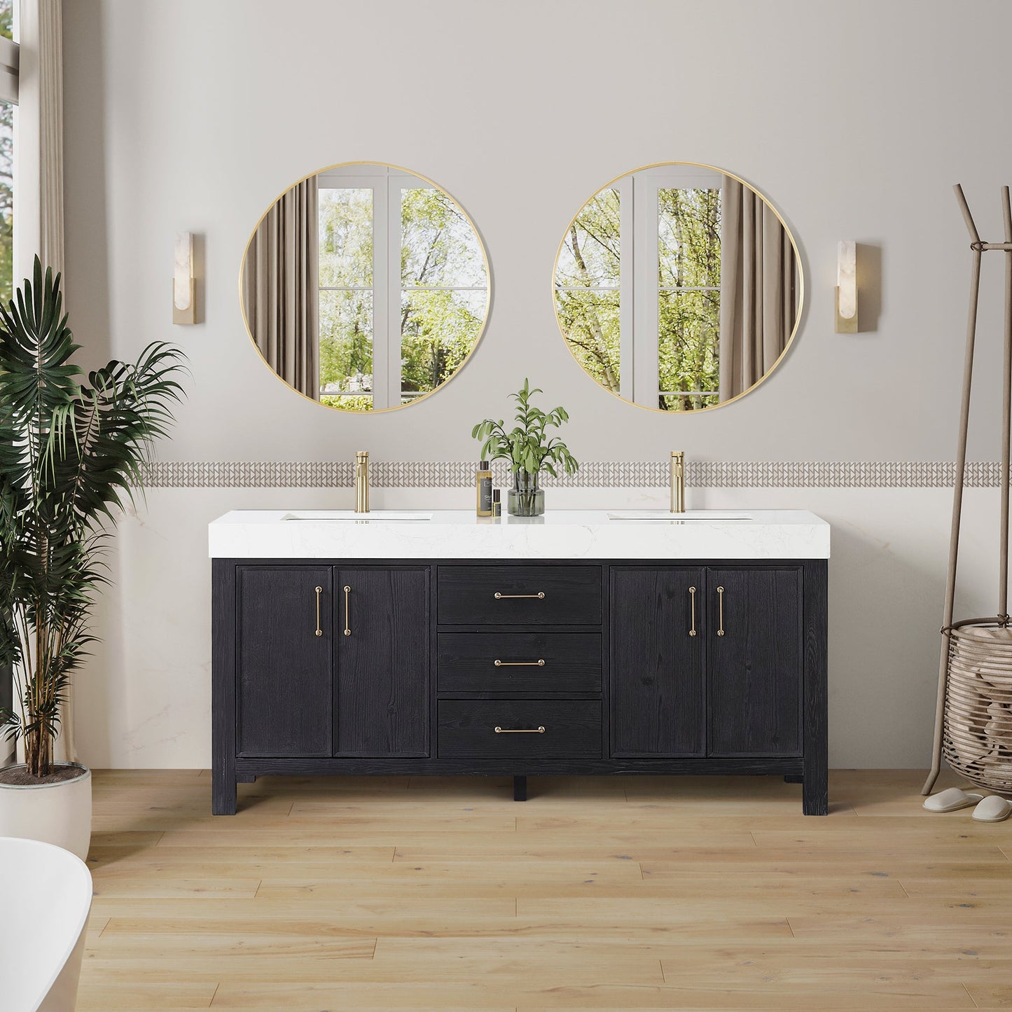 León 72in. Free-standing Double Bathroom Vanity in Fir Wood Black with Composite top in Lightning White