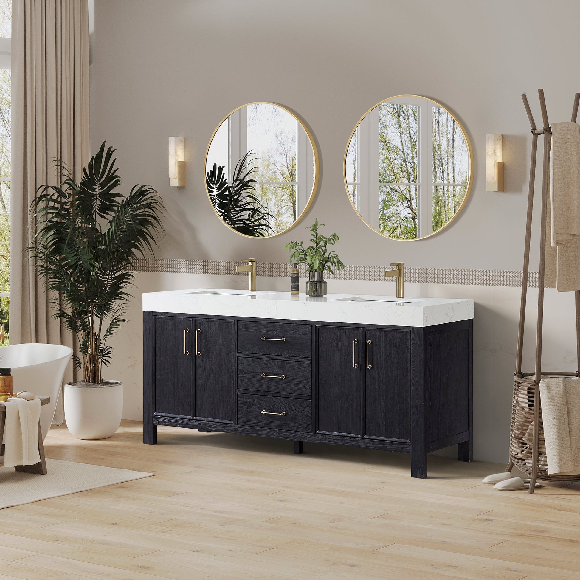 León 72in. Free-standing Double Bathroom Vanity in Fir Wood Black with Composite top in Lightning White