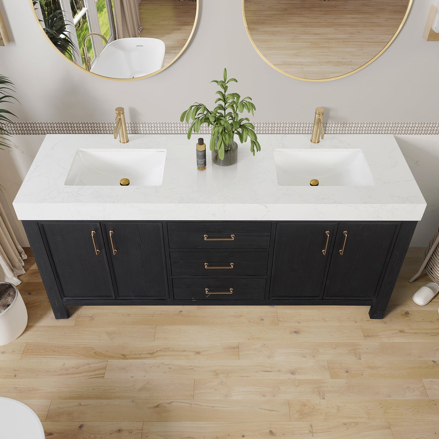 León 72in. Free-standing Double Bathroom Vanity in Fir Wood Black with Composite top in Lightning White