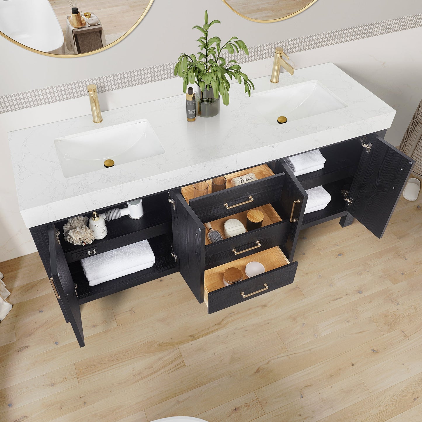 León 72in. Free-standing Double Bathroom Vanity in Fir Wood Black with Composite top in Lightning White