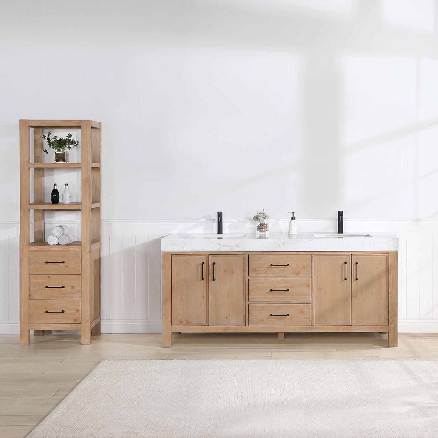 León 72in. Free-standing Double Bathroom Vanity in Fir Wood Brown with Composite top in Lightning White