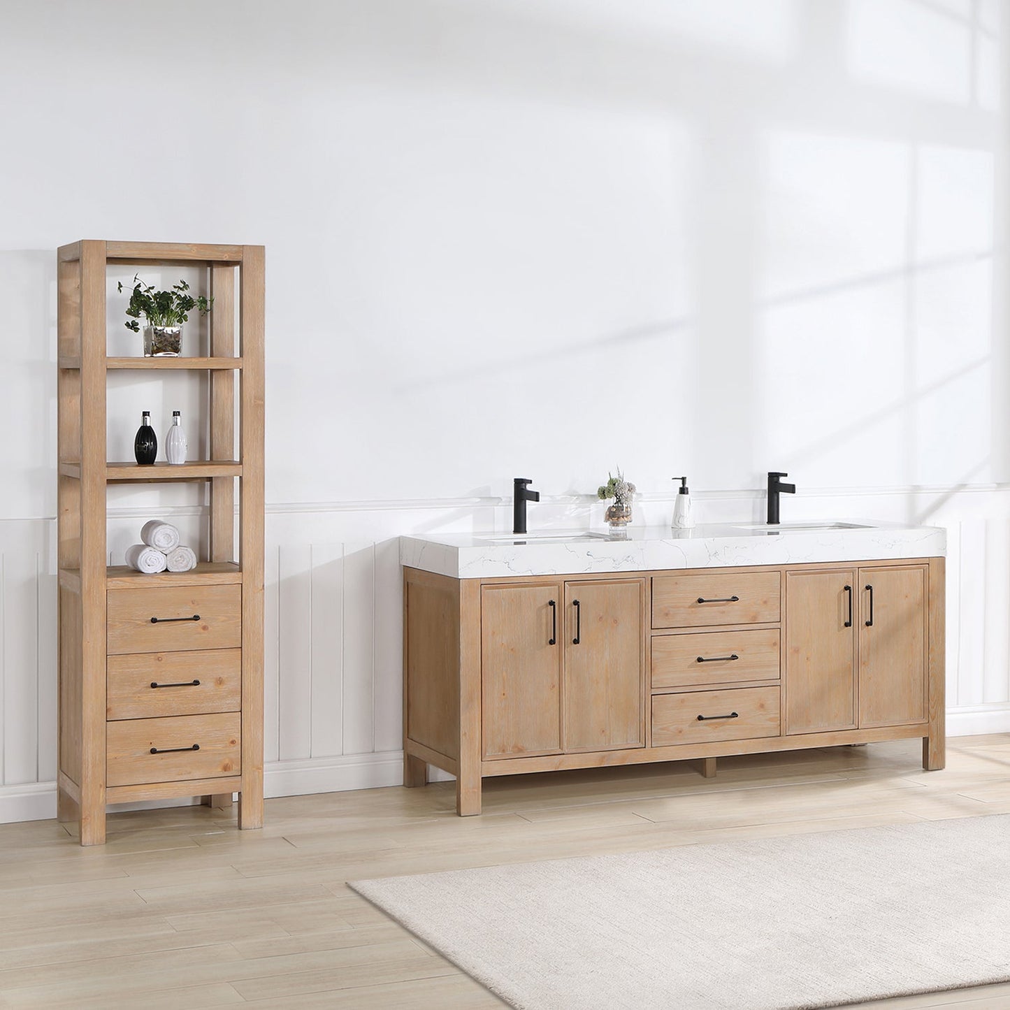 León 72in. Free-standing Double Bathroom Vanity in Fir Wood Brown with Composite top in Lightning White