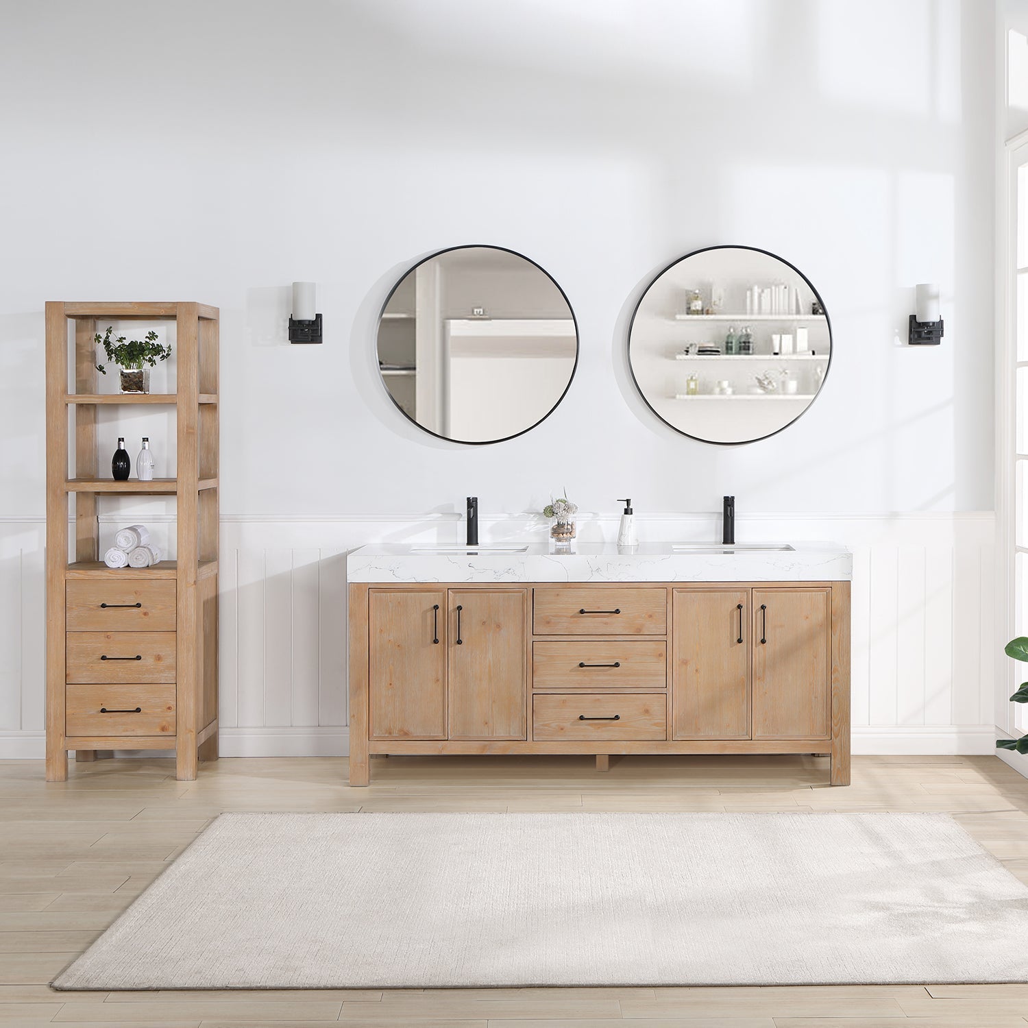 León 72in. Free-standing Double Bathroom Vanity in Fir Wood Brown with Composite top in Lightning White