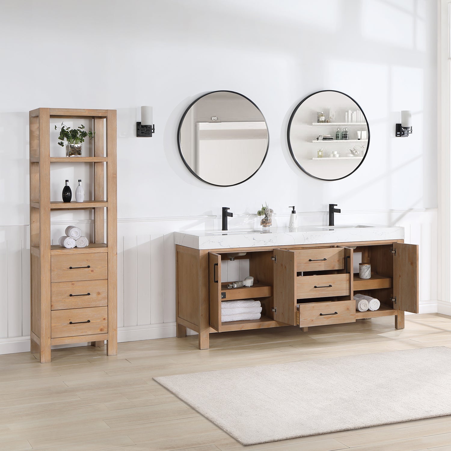 León 72in. Free-standing Double Bathroom Vanity in Fir Wood Brown with Composite top in Lightning White