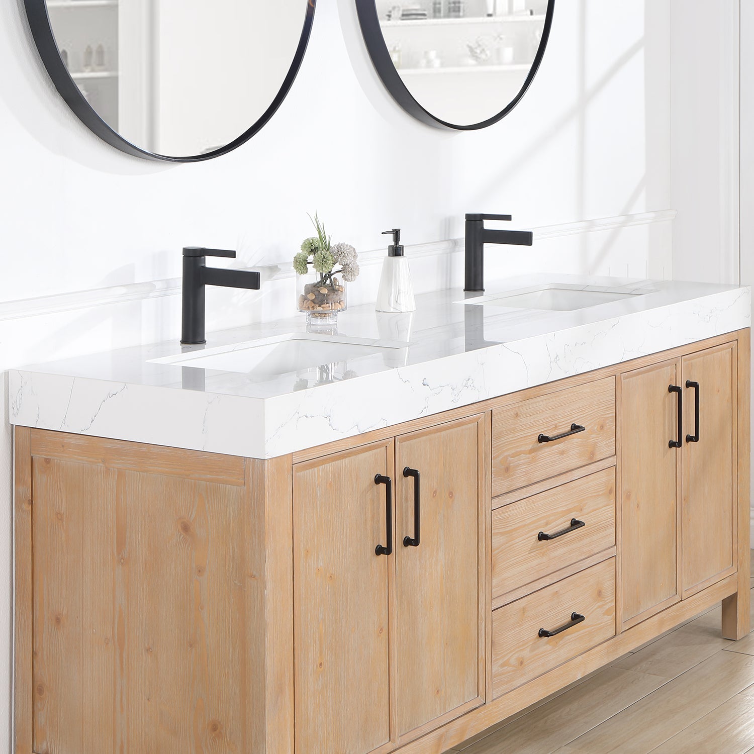 León 72in. Free-standing Double Bathroom Vanity in Fir Wood Brown with Composite top in Lightning White