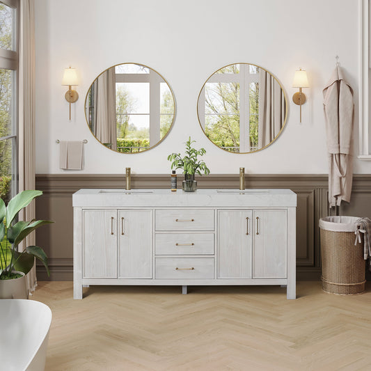 León 72in. Free-standing Double Bathroom Vanity in Washed White with Composite top in Lightning White