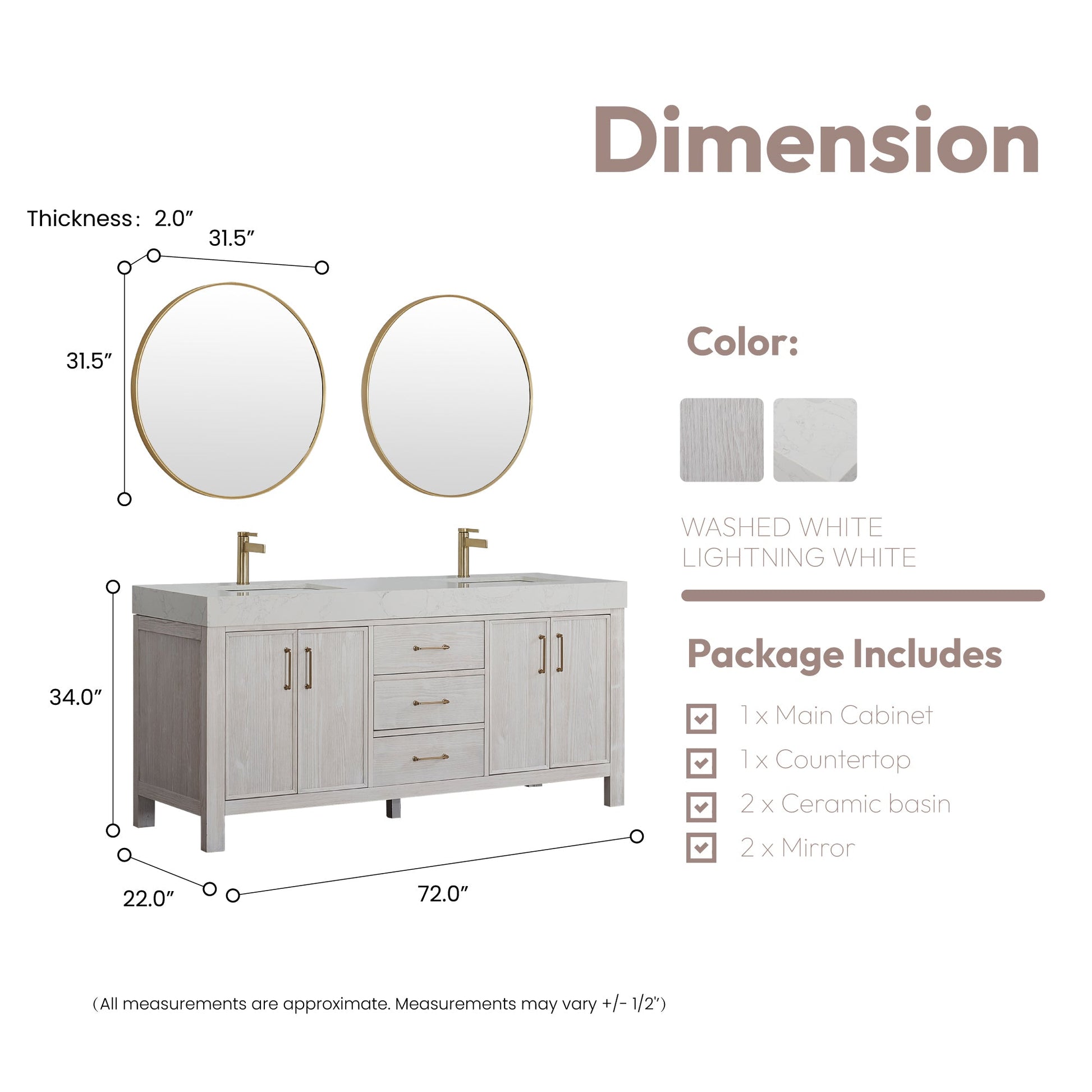 León 72in. Free-standing Double Bathroom Vanity in Washed White with Composite top in Lightning White