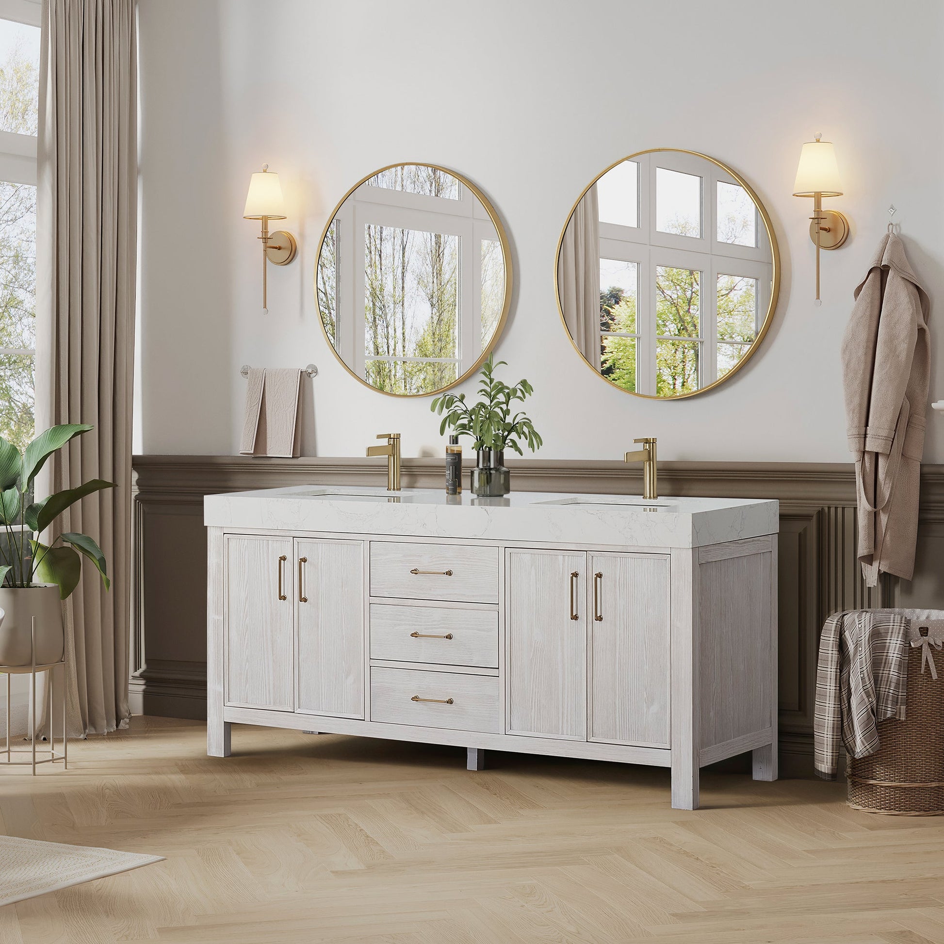 León 72in. Free-standing Double Bathroom Vanity in Washed White with Composite top in Lightning White