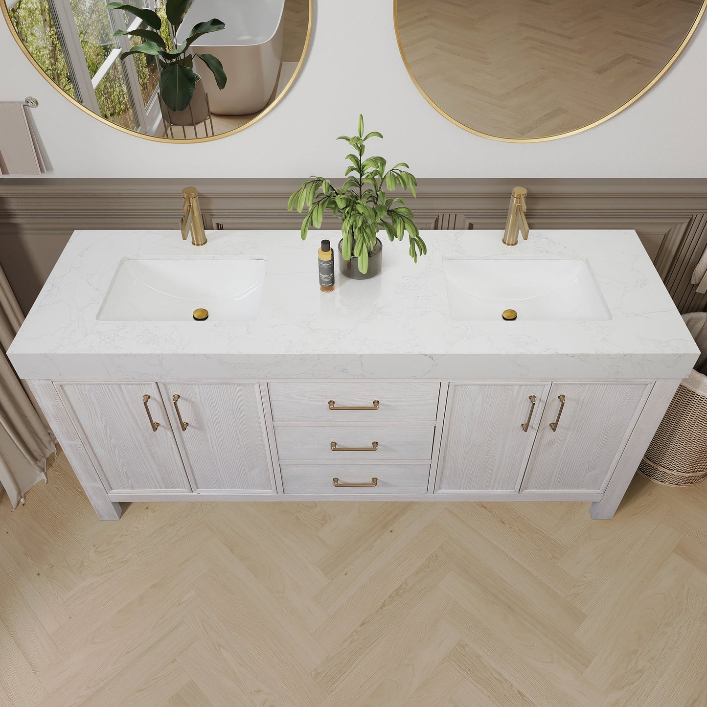 León 72in. Free-standing Double Bathroom Vanity in Washed White with Composite top in Lightning White