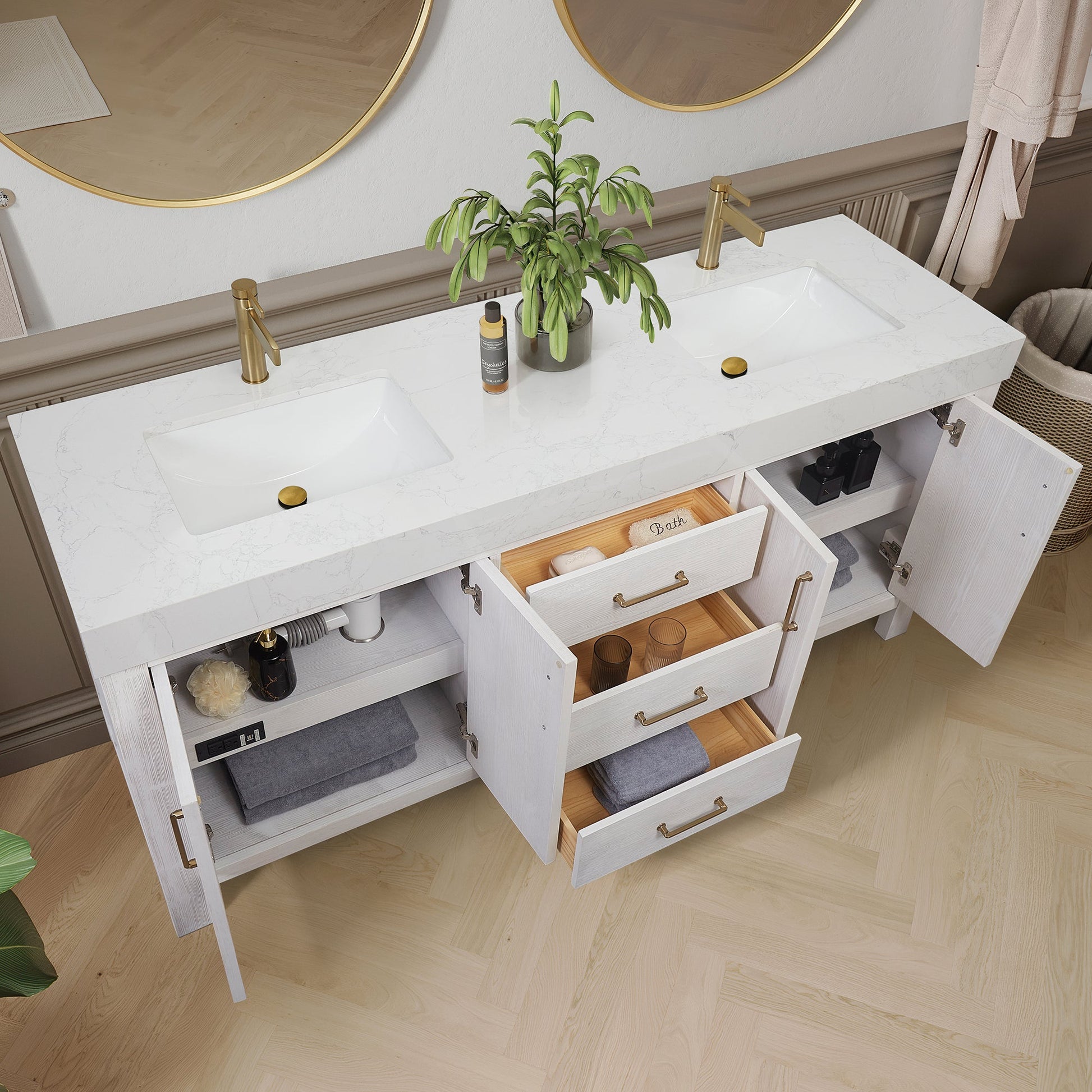 León 72in. Free-standing Double Bathroom Vanity in Washed White with Composite top in Lightning White