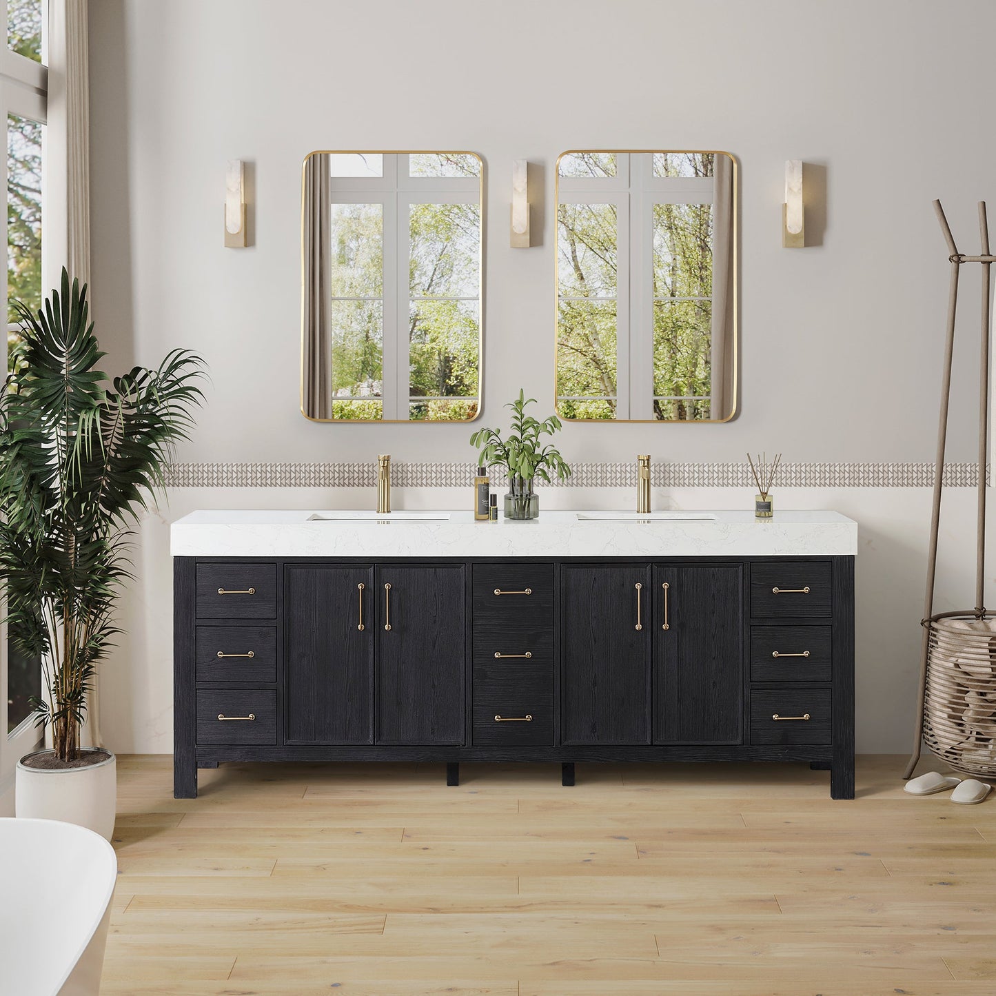 León 84in. Free-standing Double Bathroom Vanity in Fir Wood Black with Composite top in Lightning White