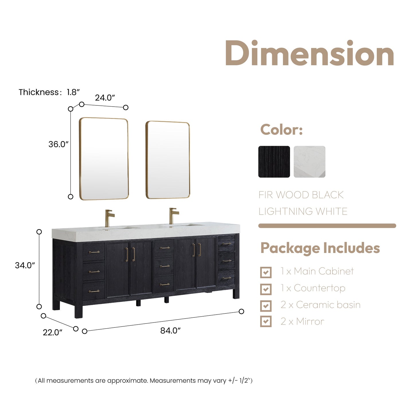 León 84in. Free-standing Double Bathroom Vanity in Fir Wood Black with Composite top in Lightning White